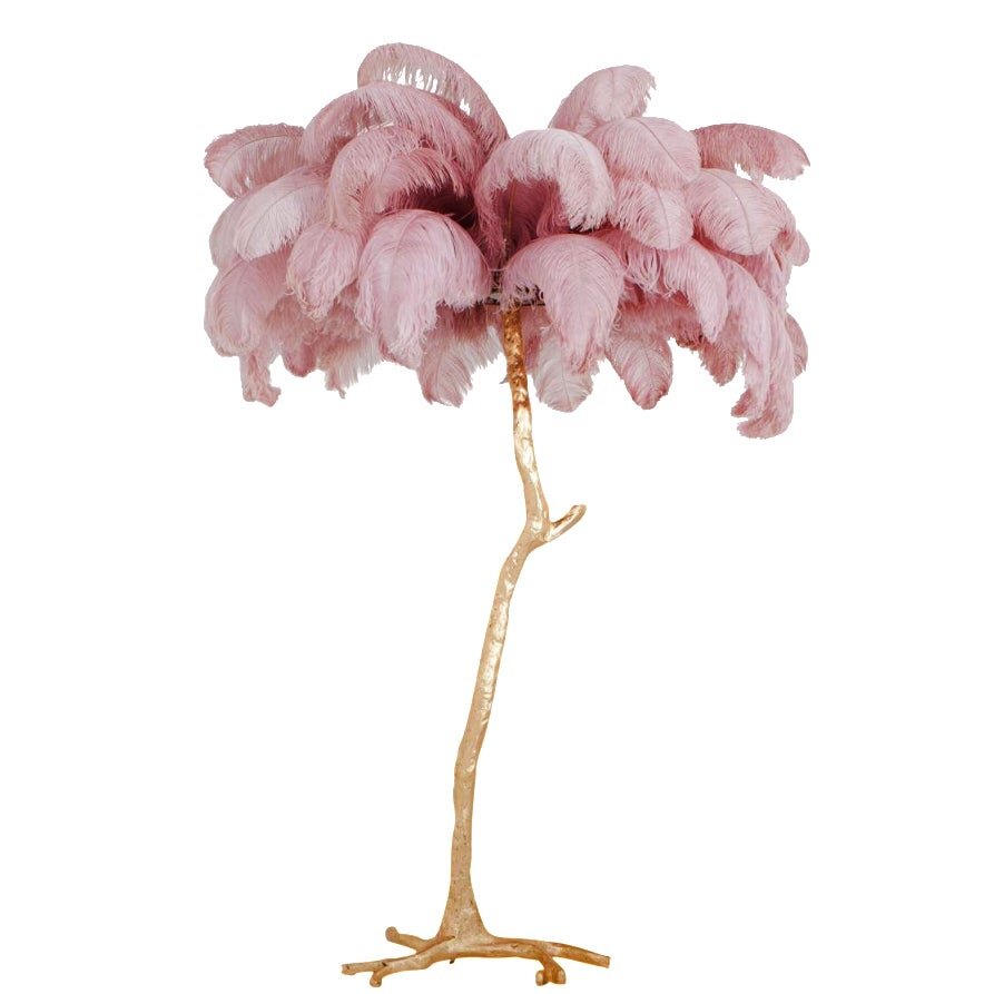 Hollywood Regency Feather Palm Tree Floor Lamp in Gold and Pink