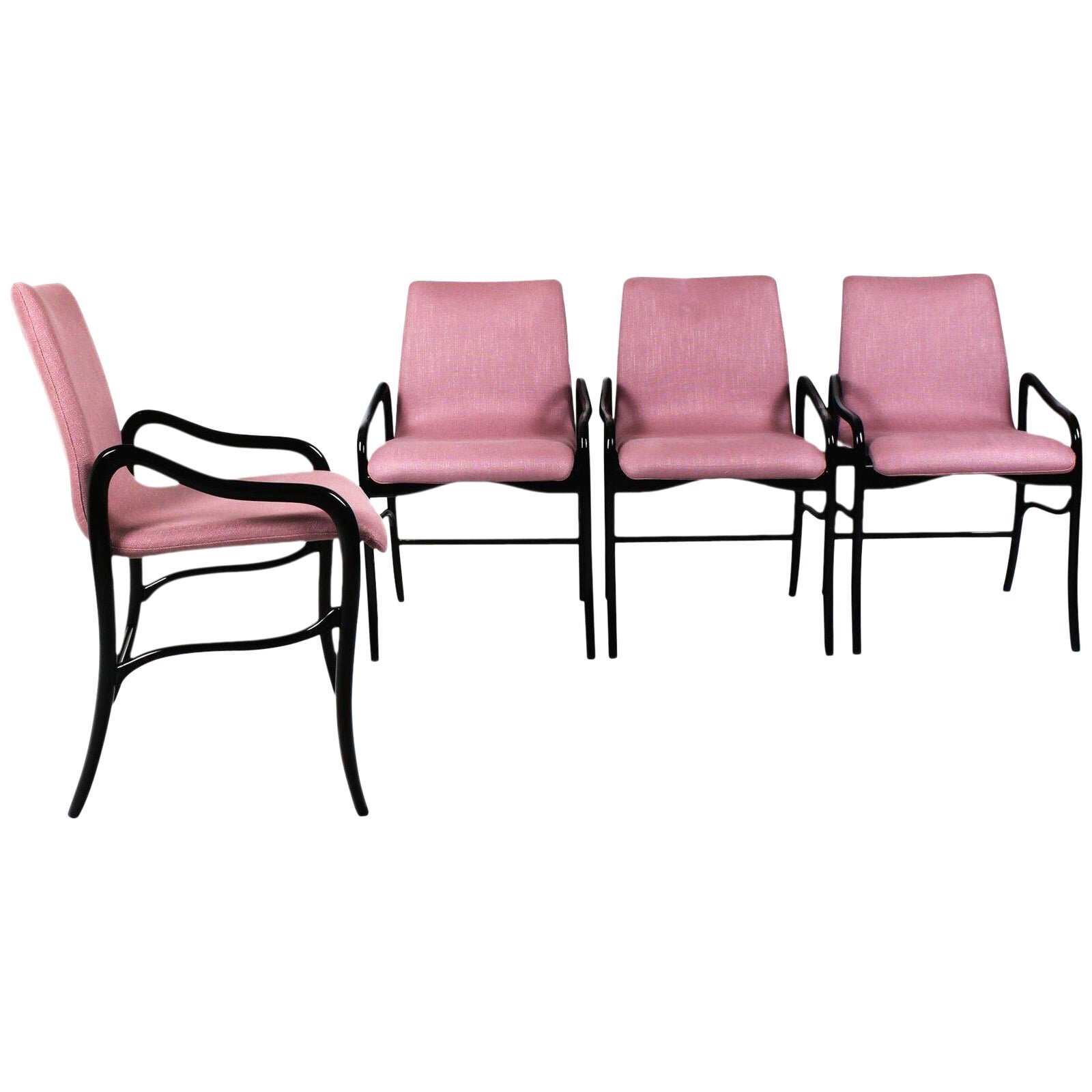 1960s Set of Four Armchairs by Enrico Ciuti, Rounded Beech, Pink Linen - Italy