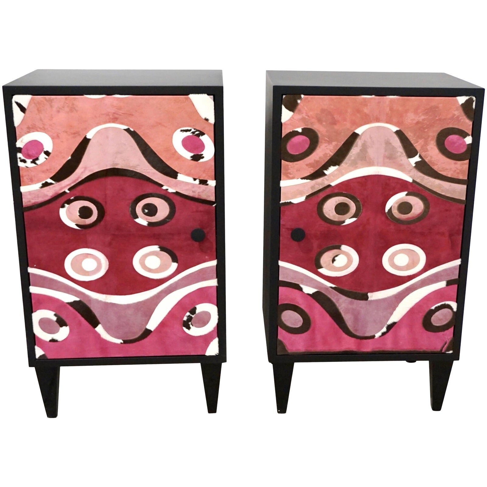 Contemporary Italian Black Lacquered and Rose Pink Leather Side Cabinets - a Pair