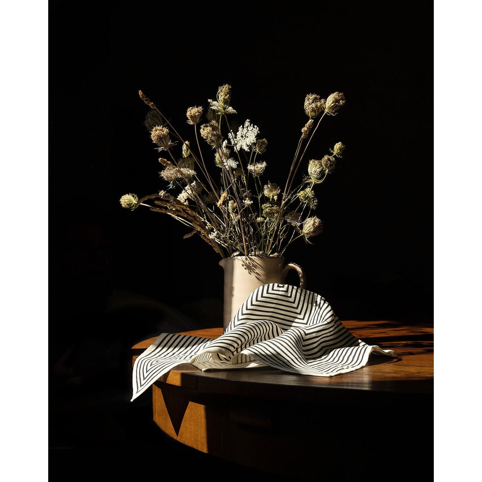 "Still Life With Wildflowers and L'objet Striped Linen Napkin" Contemporary Fine Art Photograph by Meigan Arnone 20x30