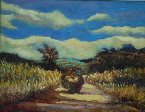    SUGAR CANE CART     11x14 oil on canvas    When I first got married my husband worked as an engineer at Frome Sugar Estate in Westmoreland, Jamaica.&nbsp; You were forced to share the roads and sit behind overloaded sugar cane carts on their way t