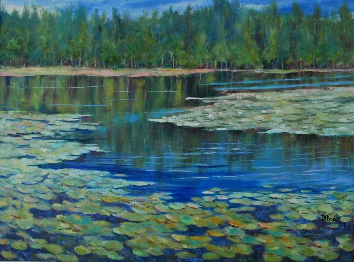  POND AT GYM  20x24  I see this scene three times a week while on the tread mill at the gym.&nbsp; I love to paint water – whether calm or turbulent.&nbsp; This one was calm.  Psalms 19:1 