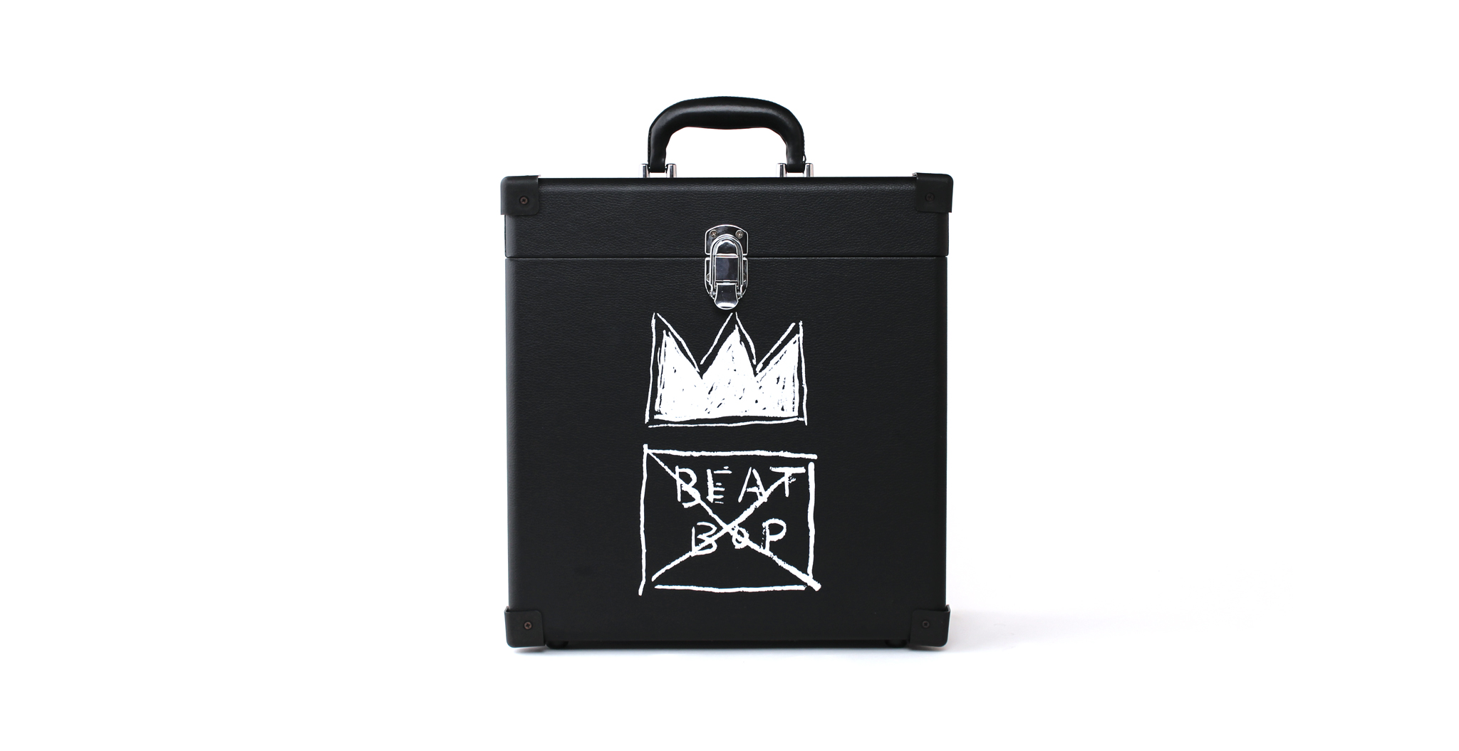 Holding up to 50 records, this ultra-sturdy record case, with an interior tiled with Basquiat’s famous crown logo, is a true and literal work of art, covered in classic images from the original Tartown Records version of the 1983 classic hip-hop track “Beat Bop".