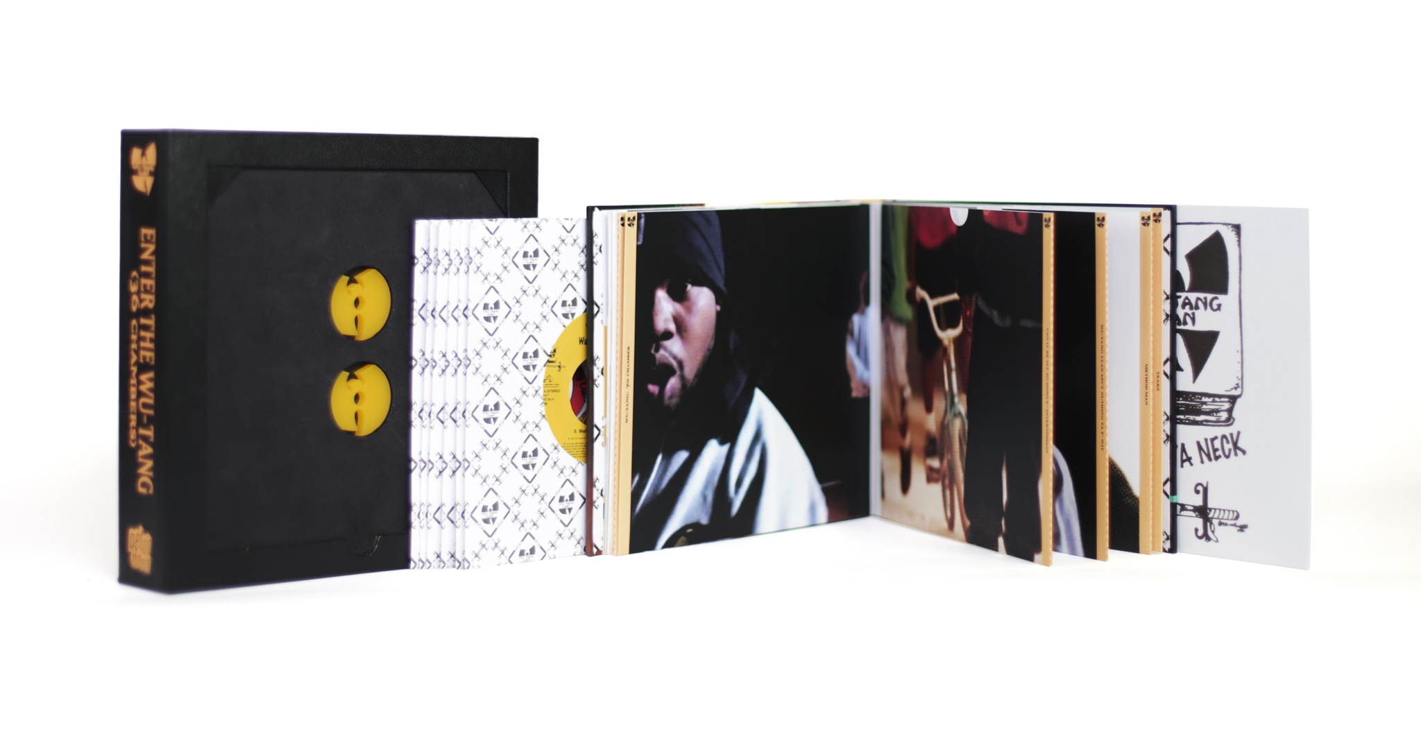 • The group’s classic (November) 1993 debut album is presented as a set of six 7-Inch vinyl records (with a bonus seventh 7-Inch, see below) • The entire set is housed in a premium leatherette outer slipcase • Outer slipcase holds the unique hardcover “Casebook,” with six 7-inches as book pages, in addition to liner notes book (see below) • Packaging also houses two custom Wu-Tang Logo 45 adapters • BONUS 7-INCH: “Protect Ya Neck (Bloody Version) / Tearz [aka After The Laughter Comes Tears” (Same A- and B-Side as original first self-released single, with recreation of original Sony picture black-on-white sleeve graphics) • Casebook features a 56-page in-depth liner notes book (aka The Shaolinthology), with new RZA input / interviews, extensive research by journalist Chris Faraone, album lyrics, rarely-seen photos and other rare images from the Enter The Wu-Tang era