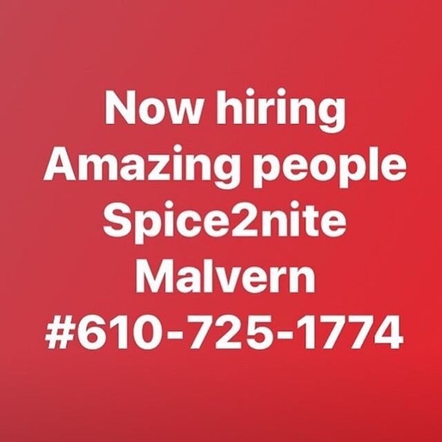 Spice2nite now hiring amazing people. Malvern location.
#610-726-1774
Jobs@spice2nite.com 
Also applications available in store. DM if interested. #nowhiring #hiring #employment #amazingpeople #loveyourself #selflove #positivevibes #spice2nite #lasts