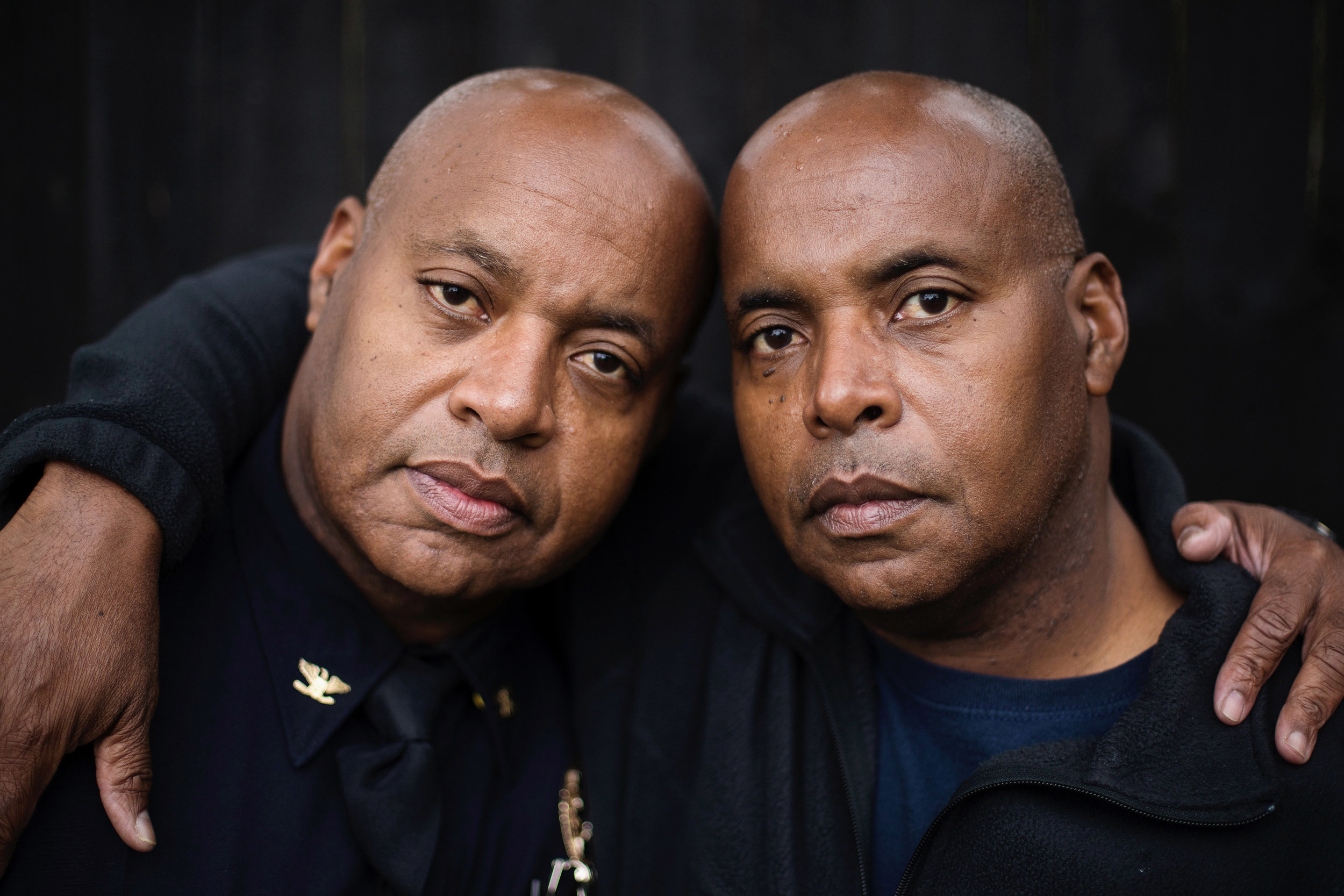  Wayne, left, stands with his identical twin brother, Dwayne Green. "We've been best friends for 55 years," says Wayne. Dwayne, a retired Winchester police officer, is another crucial source of support for Wayne. Both like to tell a story about when 