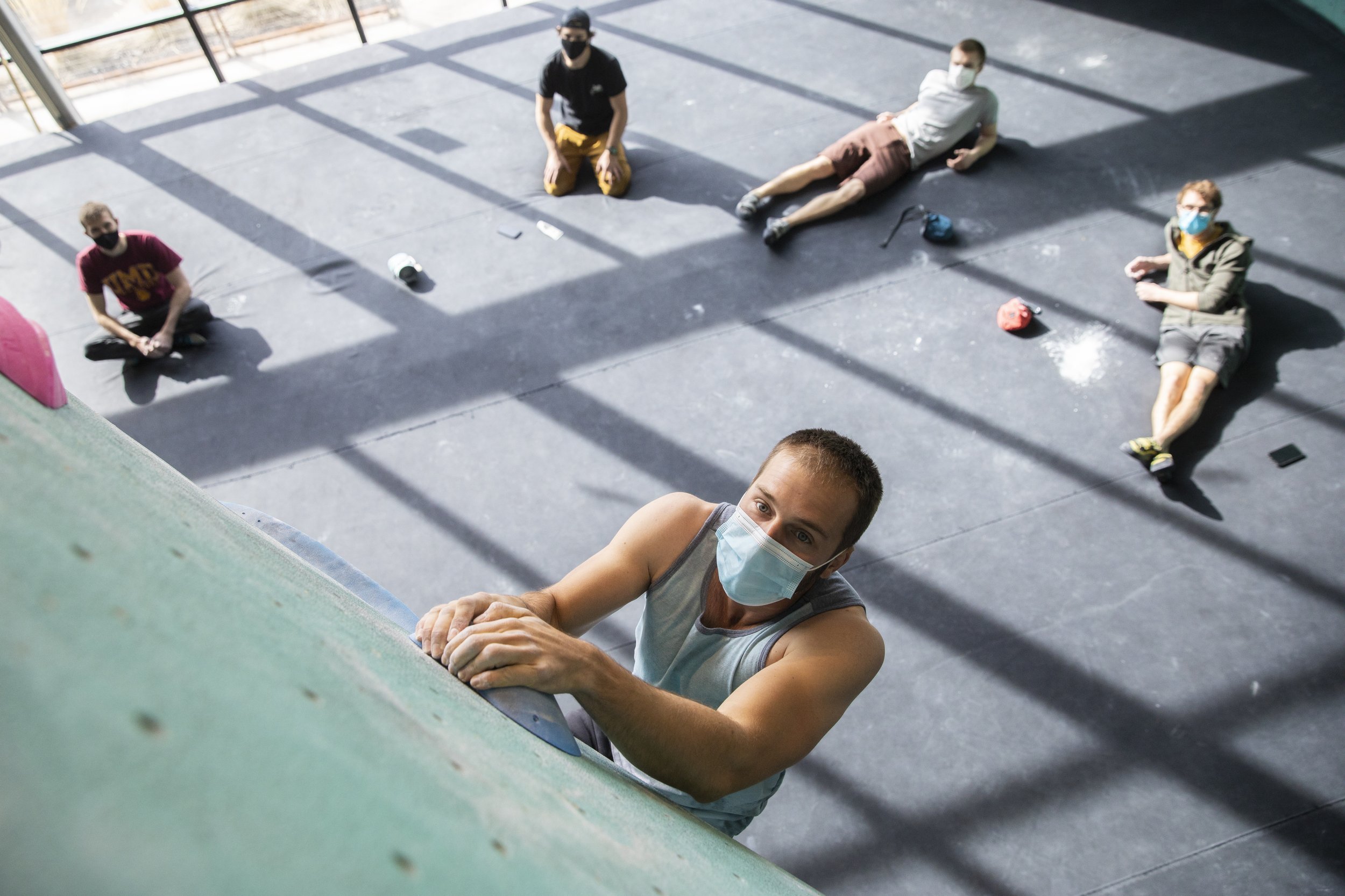  Kyle Fuerstenberg climbs at the Minneapolis Bouldering Project climbing gym in Minneapolis on Sunday morning, March 7, 2021. Operating at a quarter of it’s normal capacity, the gym has it’s guests take a temperature check, wear a mask, and both sani