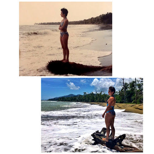 There are just over 20 years between these two photos. Top: wistful sad anorexic me at 18 years of age, miserable because I was so hungry all the time. Bottom: happy powerful muscular me at 39 years of age, having a blast on vacation.