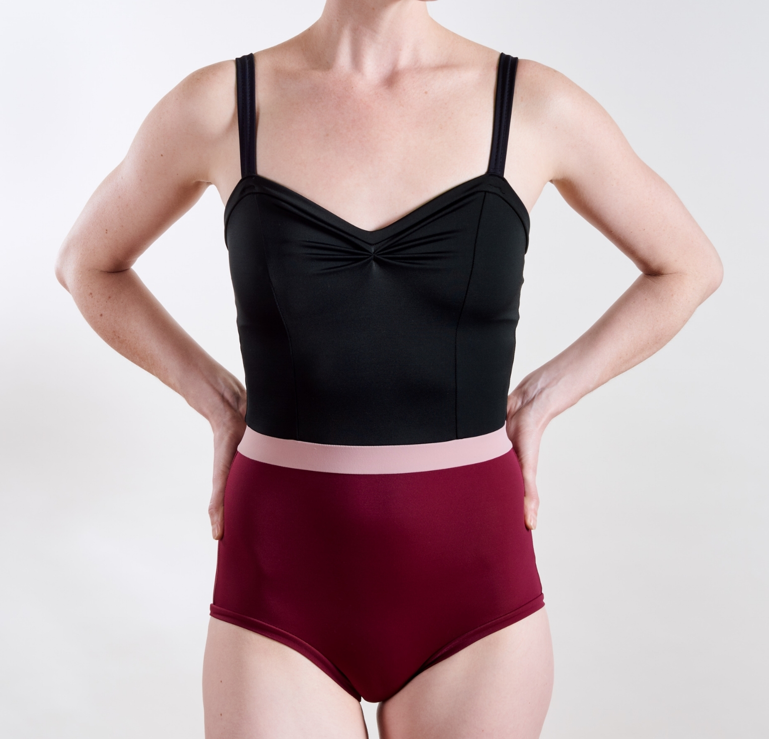 Custom fit handmade ballet leotard. Prelude 3 Tone - Black/Dusty Rose/Wine