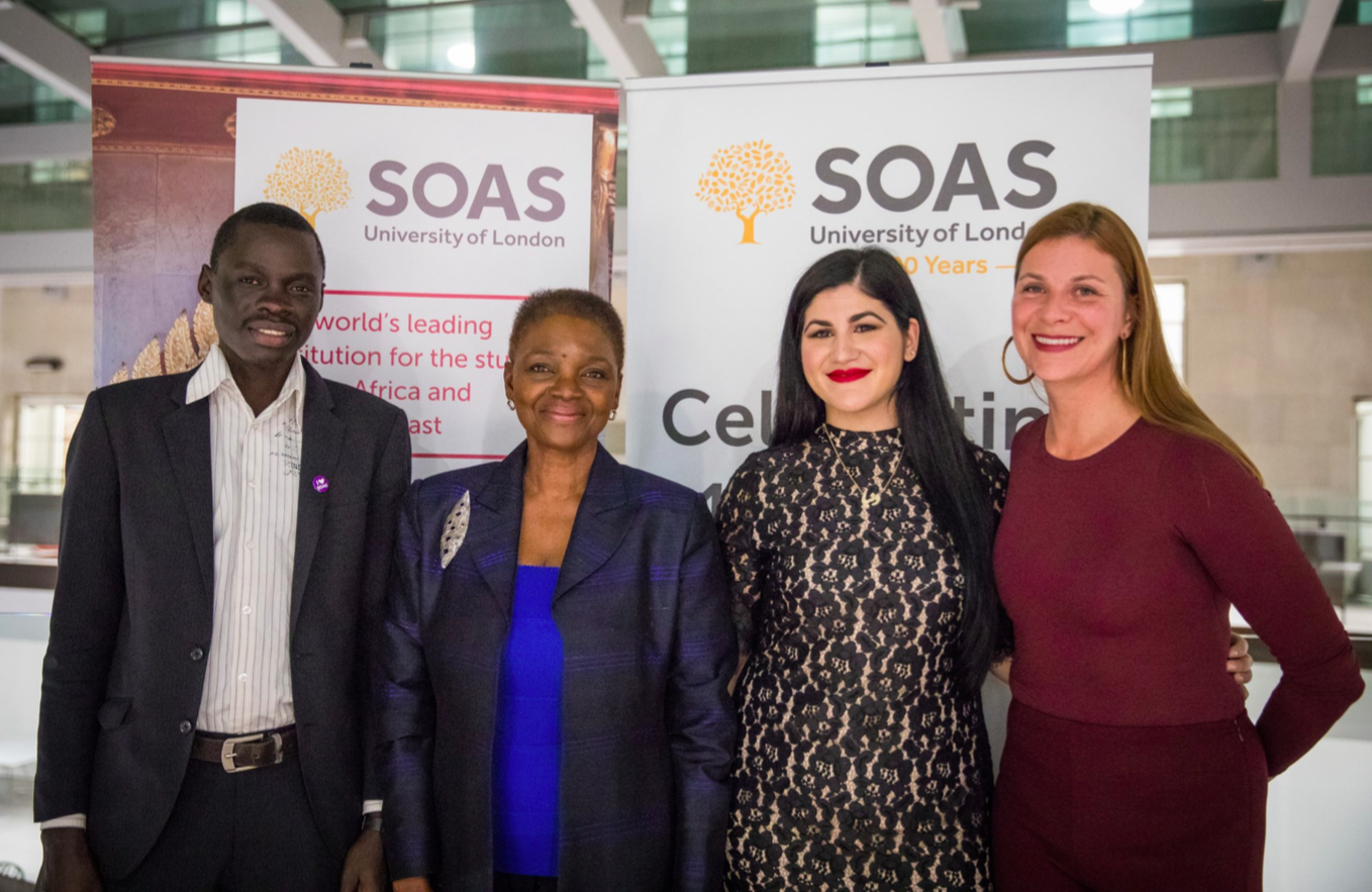 SOAS Director Baroness Valerie Amos (center left) with AFSOAS President Brooke Beardslee (right) and a few scholarship students, including Donya Nasser - the 2017 John Loiello AFSOAS FISHL Scholarship recipient (center right).
