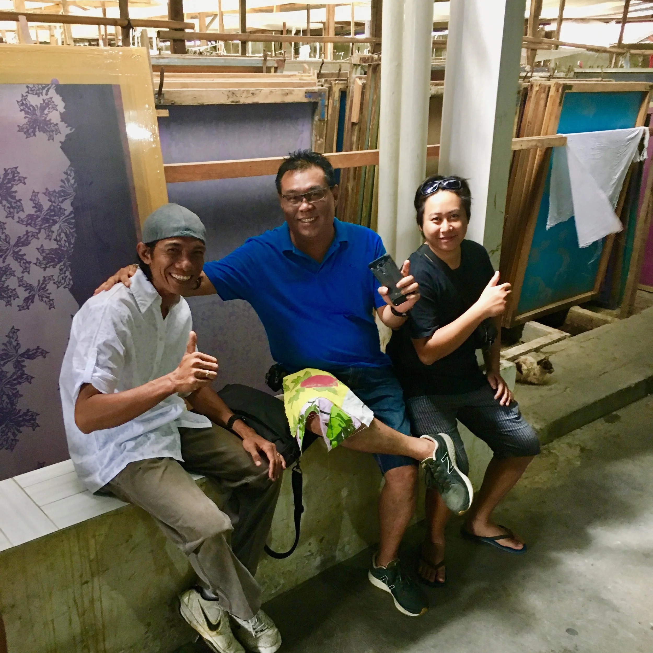 Many long days spent at the factory with my textile guru Agung (left). Pictured here with factory management.
