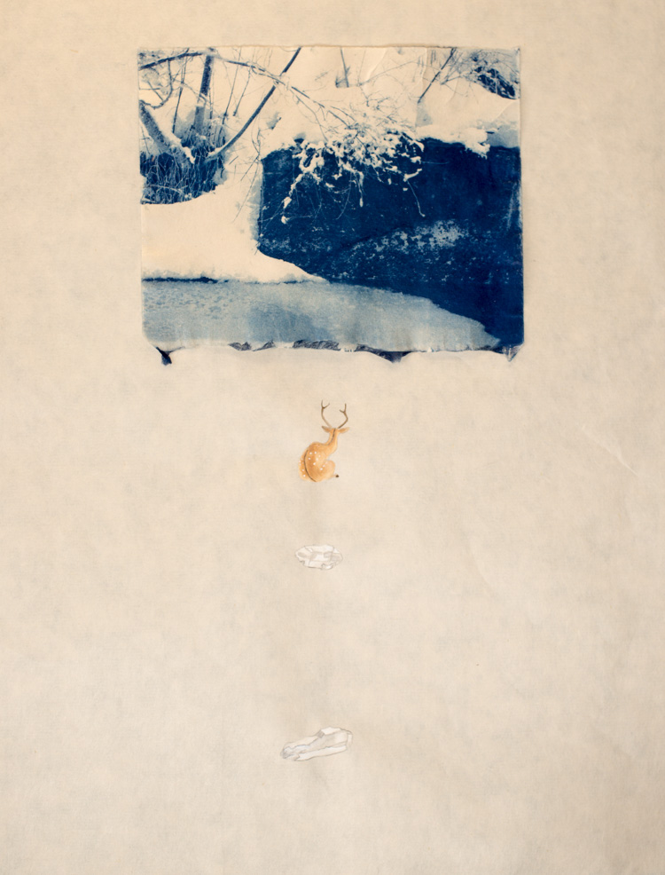 Cyanotype and watercolor on washi paper These works are a peaceful protest. They quietly provoke the viewer to see beauty in the mundane. Imagination and creativity are seen through the use of playful surrealism. Through miniature paintings, altern