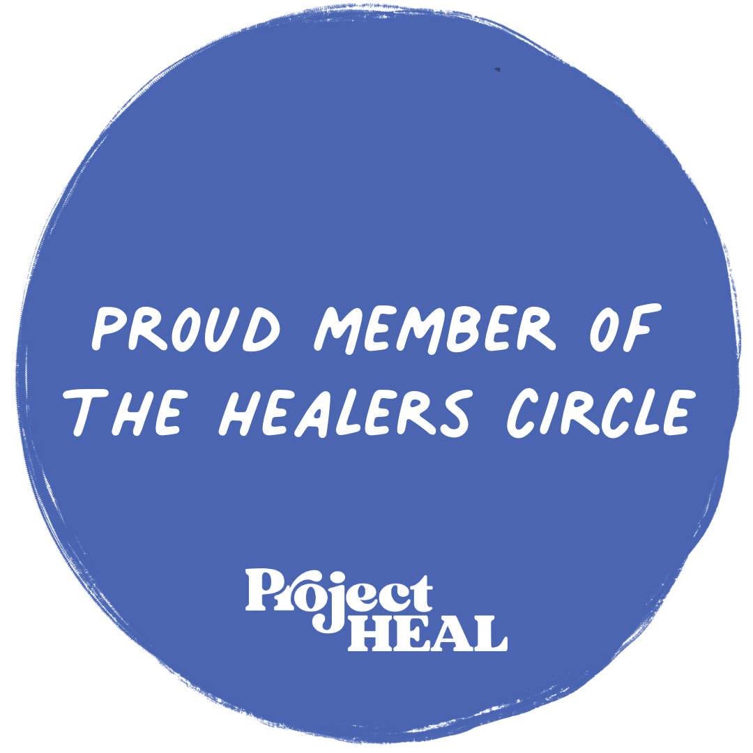 Blue circle with the text "Proud member of the Healers Circle, Project Heal"