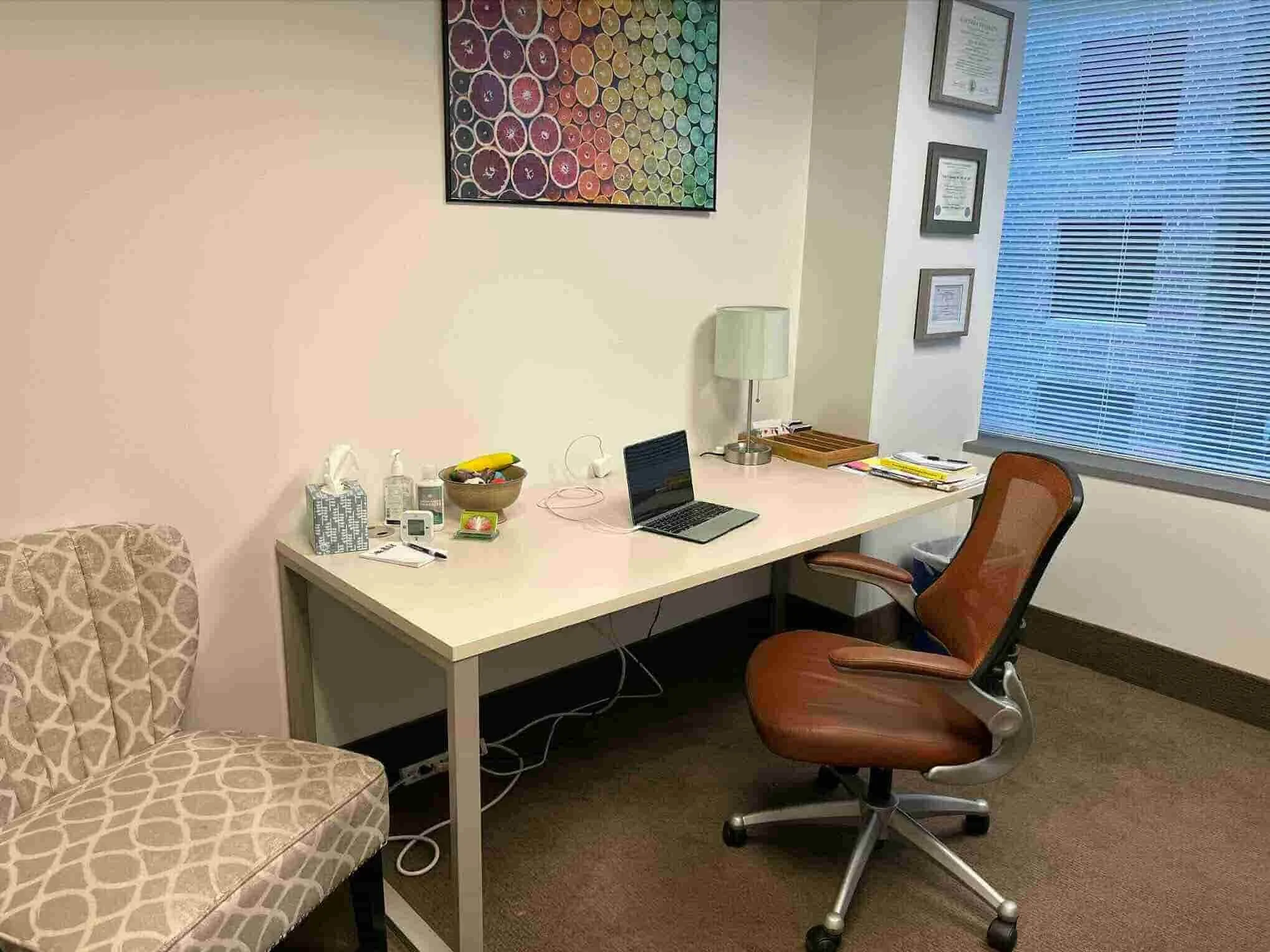 RD Emily & Team windowed office with a clinician desk and laptop, armless upholstered chair for clients, and box of fidget toys