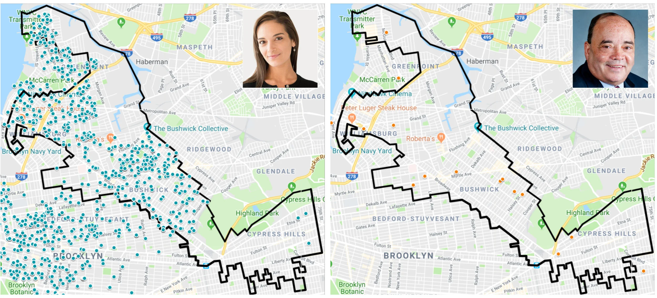A map of challenger Julia Salazar's contributions (BLUE) next to incumbent Martin Dilan's (ORANGE)