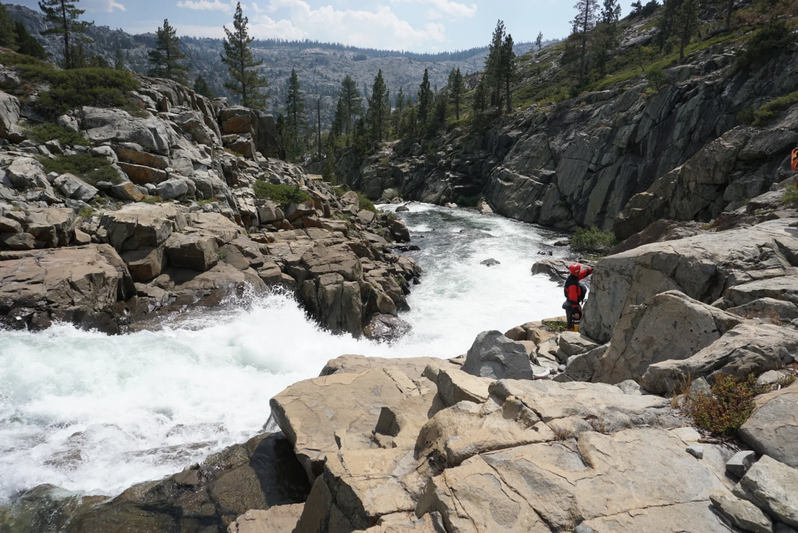 I trust the gentleman pictured in this photo. So much so that the look on his face when we scouted this rapid; combined with my respect for his judgement, made me question my desire to run it. We ultimately wallked around it and will hopefully run it next time. Fordyce Creek , California -Photo by Adam Edwards