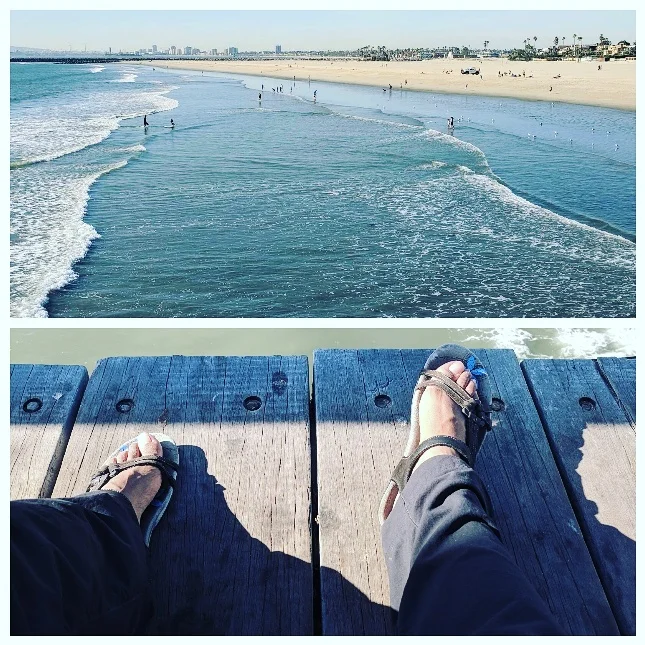 Resting my feet on the Seal Beach Pier after my first 7 miles. On this trip I learned that objects on the coast are farther away than they appear. It took 2 1/2 days and nearly 20 miles until I could no longer see Long Beach in the distance!