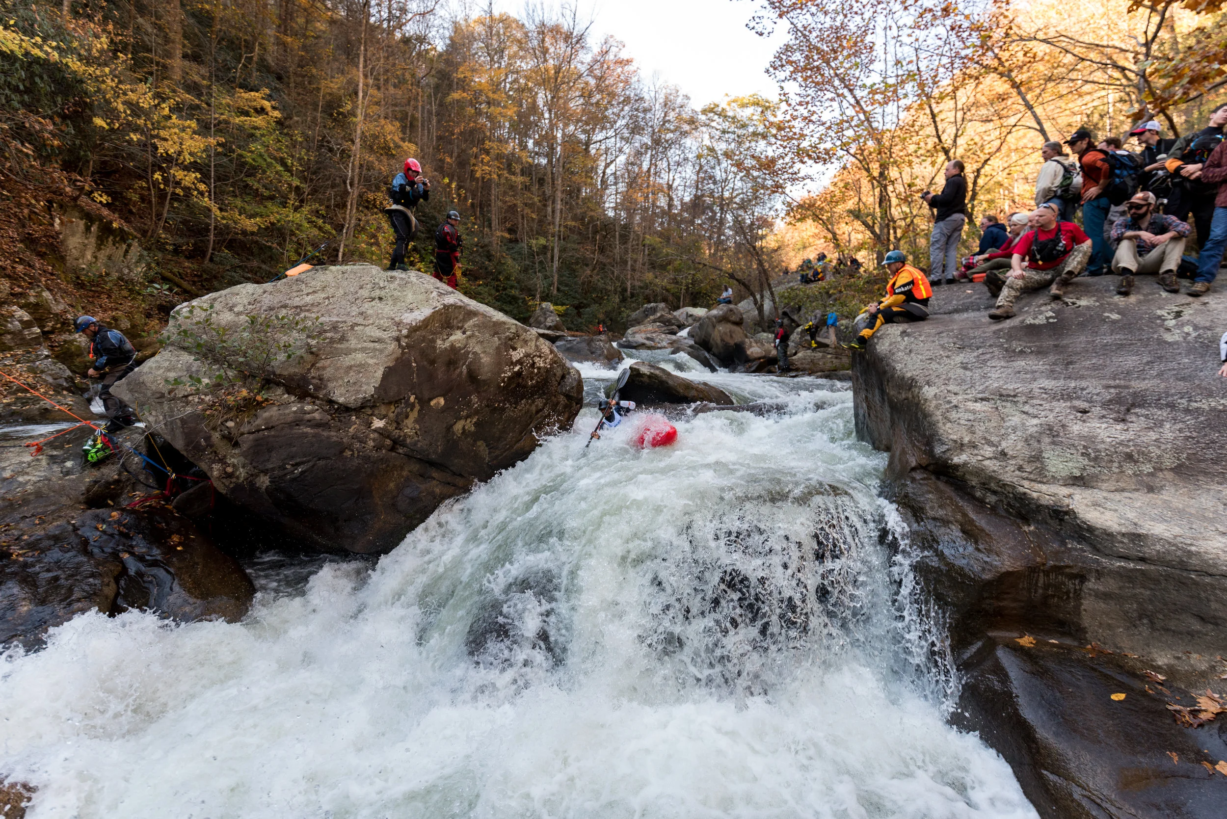 Rashid Clifton racing through a crux rapid on the Green River Narrows near Saluda, North Carolina (Photo credit: Chad Blotner)