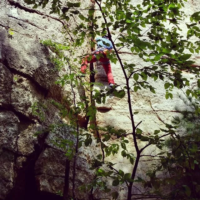 Via Abolencia, the author, climbs Slot Machine in Peterskill, NY on Lenape and Haudenosauneega (Longhouse Confederacy) ancestral land. Photo courtesy of William Cohen