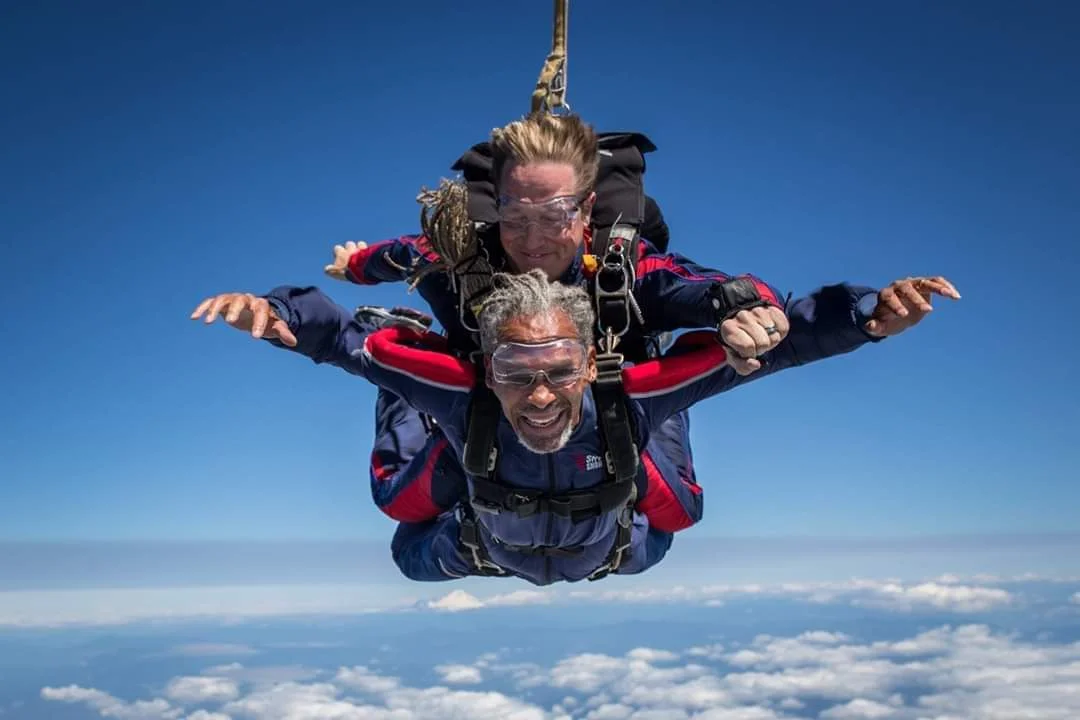 Rich Williams started skydiving in 1972 before taking a break for 35 years. After losing a daughter in a tragic plane crash in 2007, he began skydiving again, along with his wife. In this photo, he’s pictured during a tandem skydive at Skydive Snohomish. Photo courtesy of Rich Williams