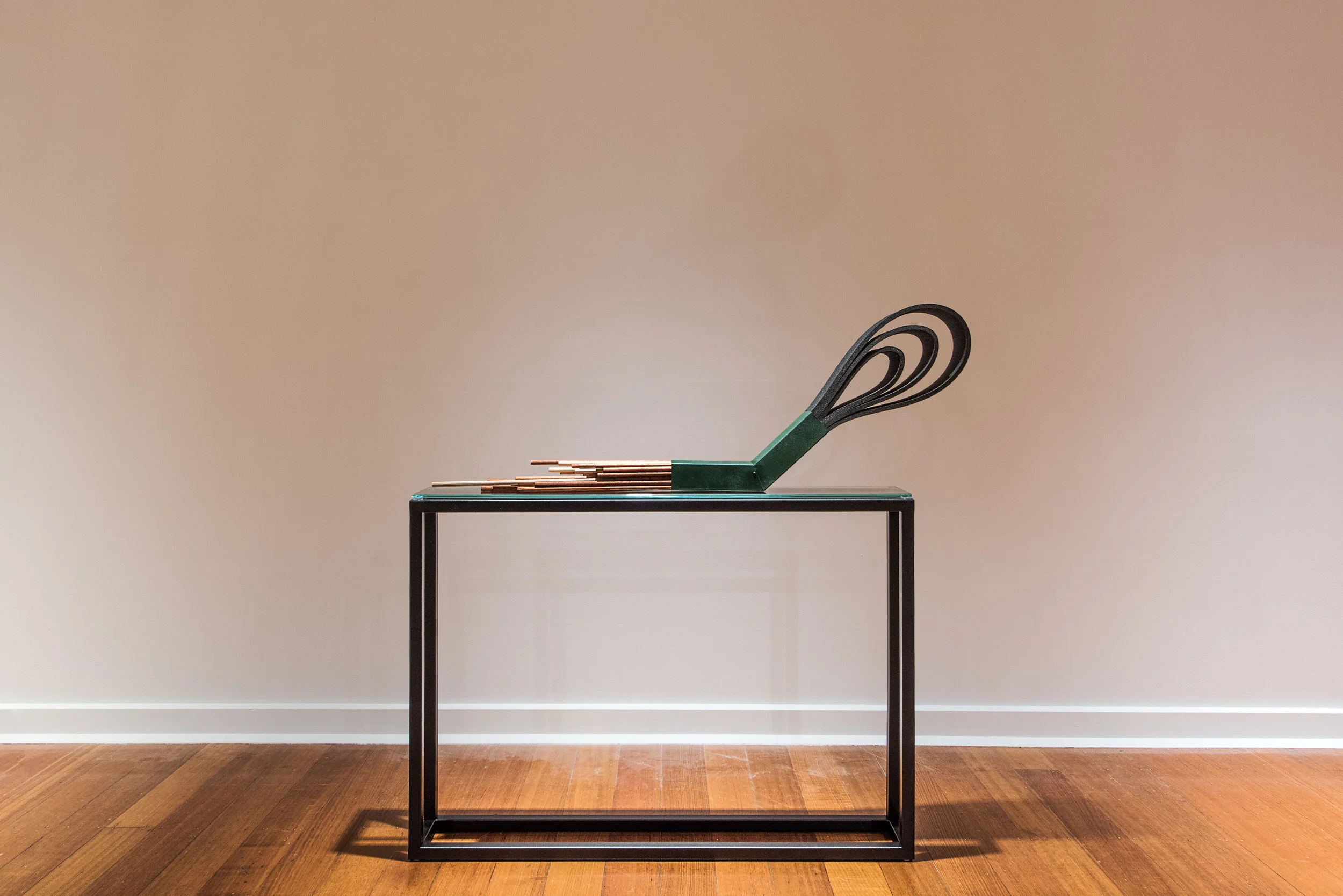   The Repositioning of an    Object that Once Functioned III &nbsp;(2017)  Steel, Wood, Lacquer Paint,  Polyethylene Foam and Glass  110cm x 15cm x 111cm&nbsp;  Image Credit: Guy Grabowsky    