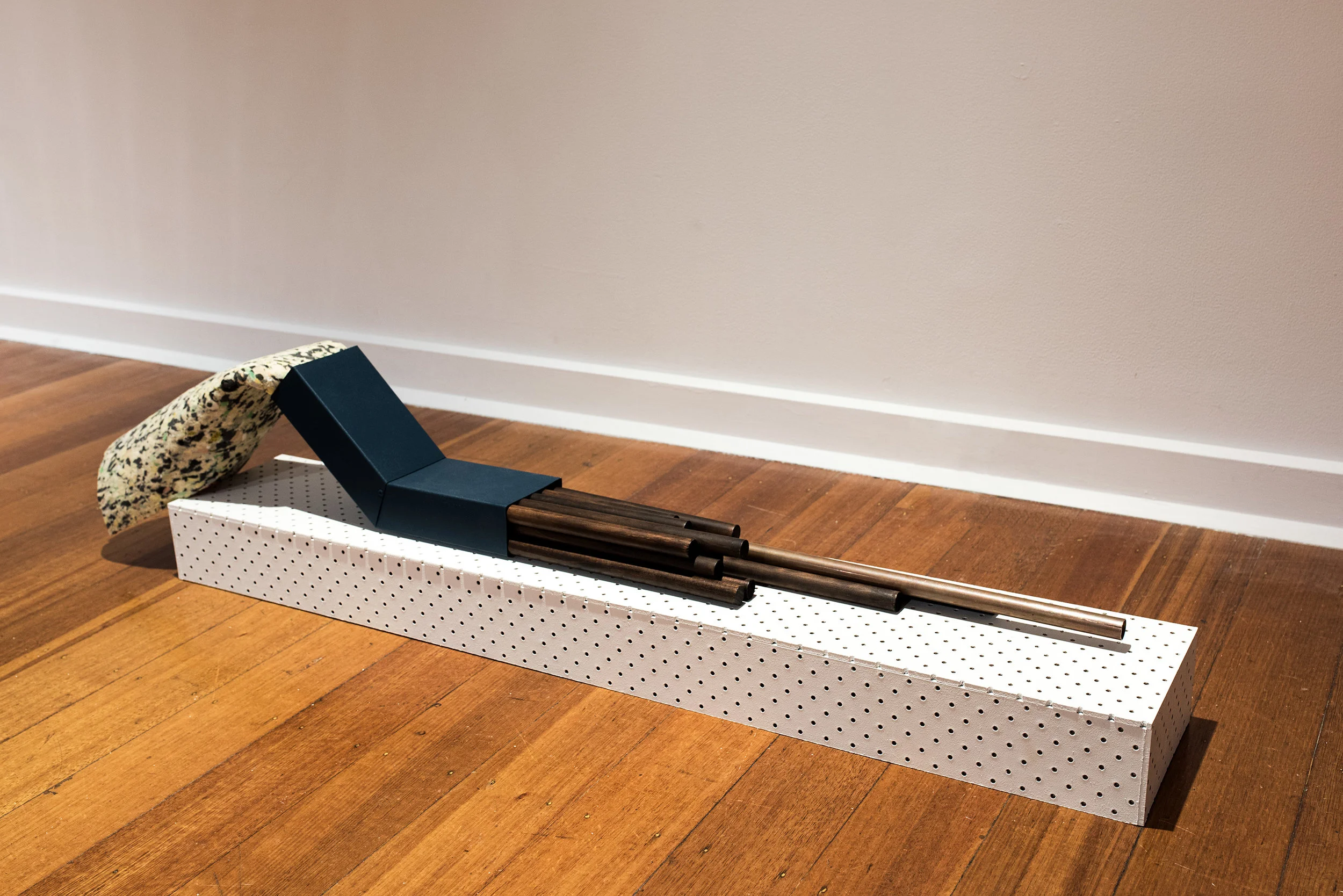   The Repositioning of an    Object that Once Functioned IV &nbsp;(2017)  Steel, Wood, Lacquer Paint,  Carpet Underlay, Copper and Glass  110.5cm x 19cm x 26.5cm&nbsp;  Image Credit: Guy Grabowsky    