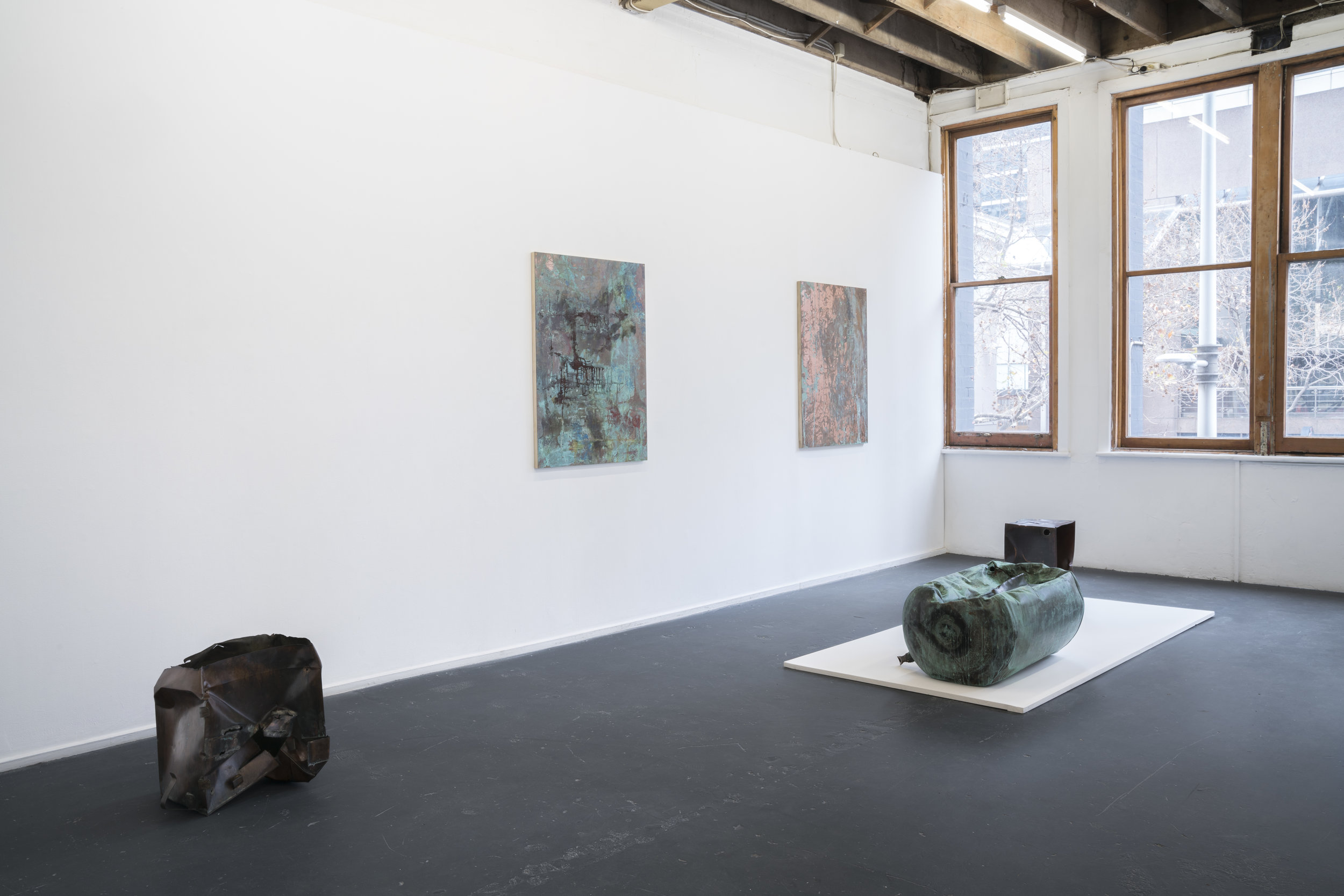  Cuprum, Cuprum (2019)  Mixed Media  Patinated Copper, Brass, Timber  Installation View, Kings Artist Run  Image by Chris Bowes   