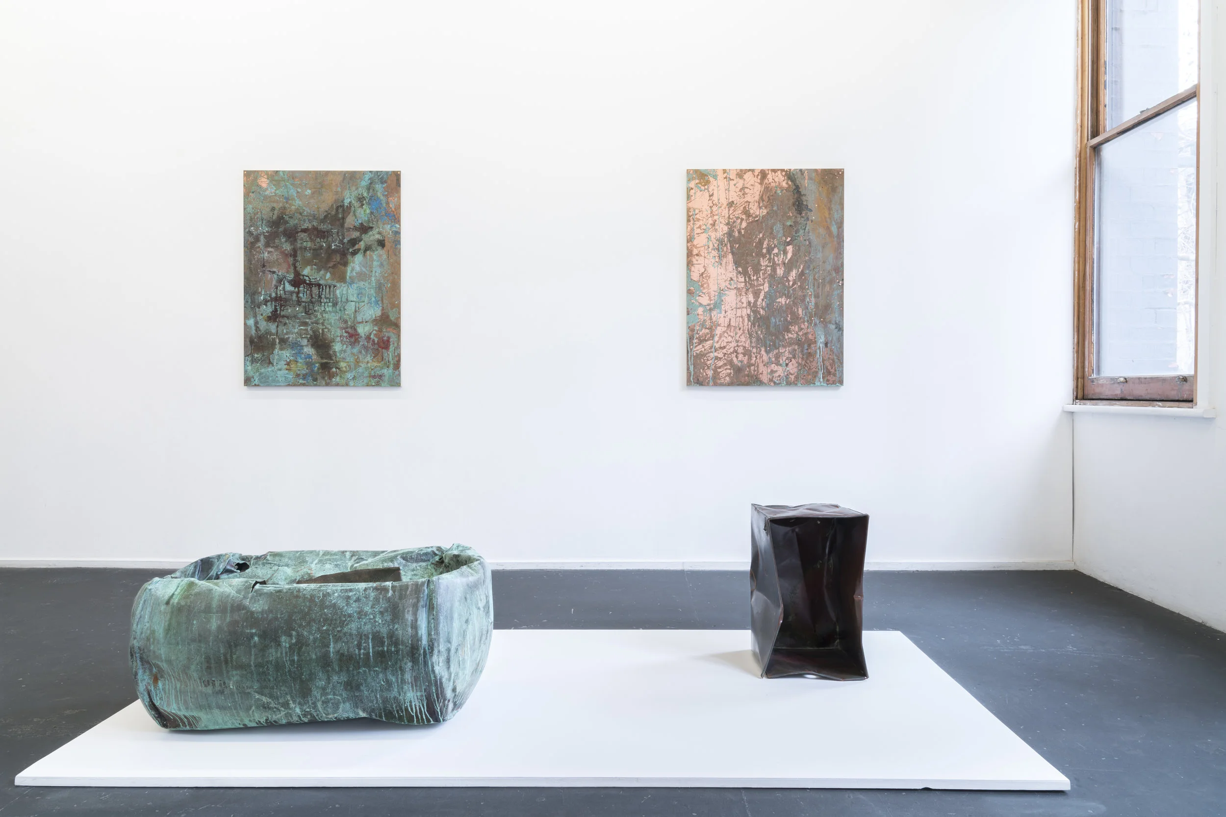  Cuprum, Cuprum (2019)  Mixed Media  Patinated Copper, Brass, Timber  Installation View, Kings Artist Run  Image by Chris Bowes   