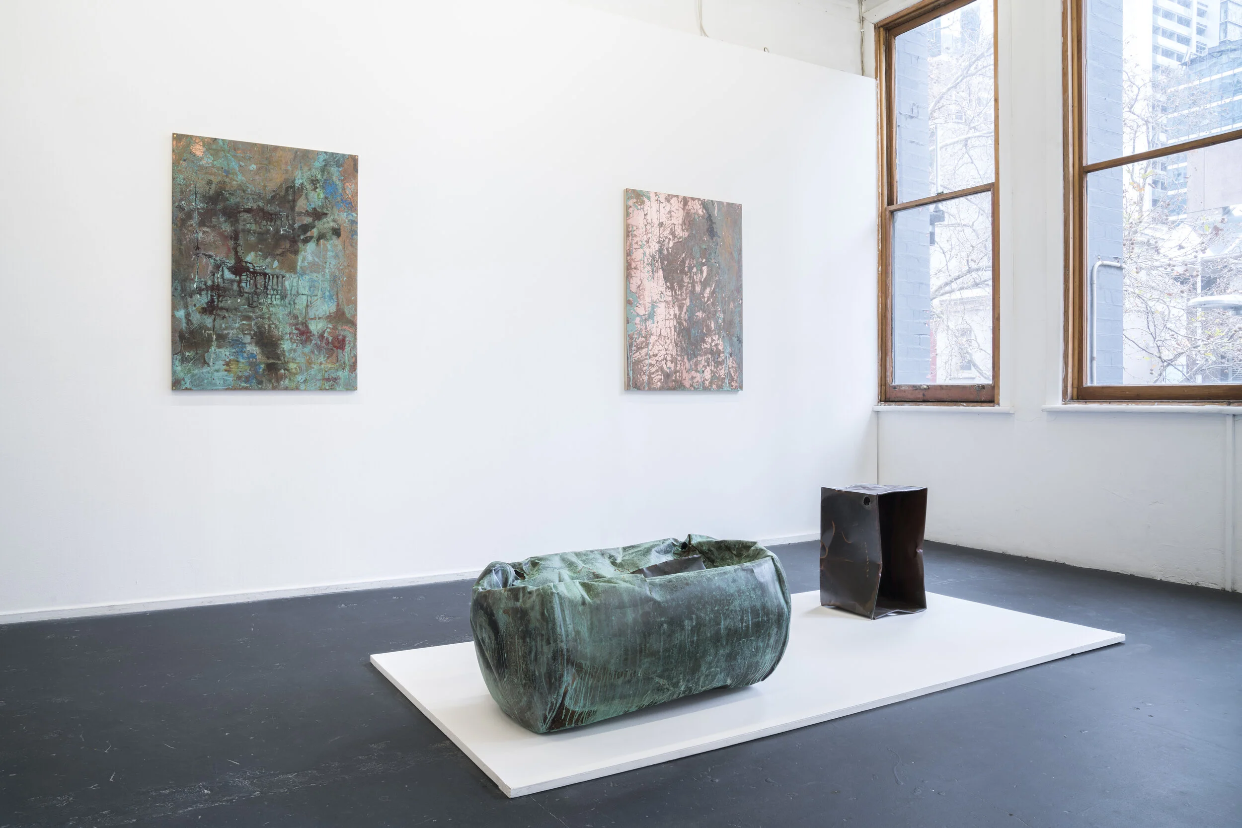  Cuprum, Cuprum (2019)  Mixed Media  Patinated Copper, Brass, Timber  Installation View, Kings Artist Run  Image by Chris Bowes   