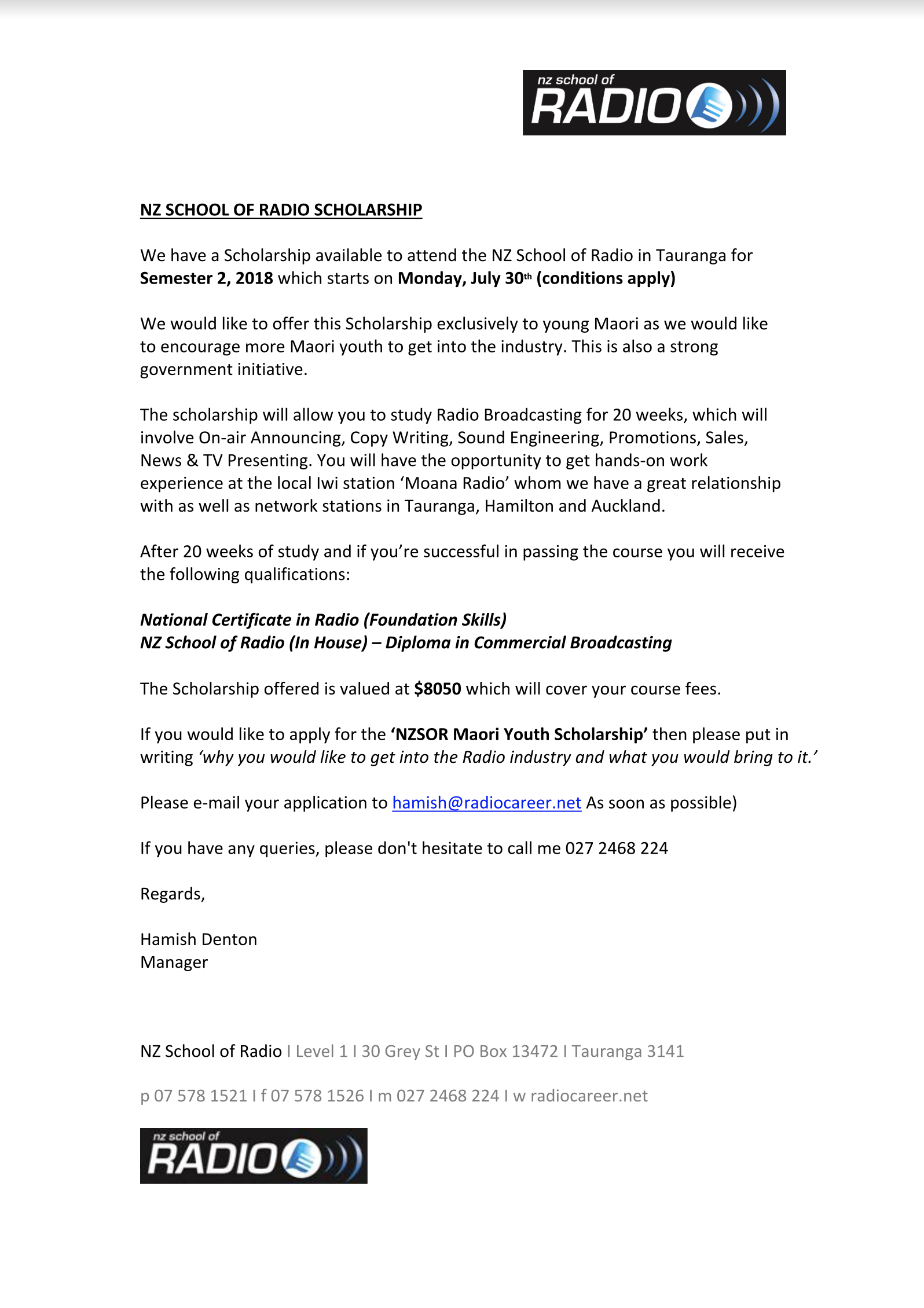 NZ SCHOOL OF RADIO SCHOLARSHIP