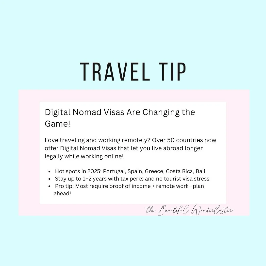 🌎Work from paradise, legally! 

Digital Nomad Visas are changing the game&mdash;over 50 countries now let you live abroad longer while working remotely. 🌴

Hot spots in 2025: Portugal, Spain, Greece, Costa Rica &amp; Bali.

Where would you set up y