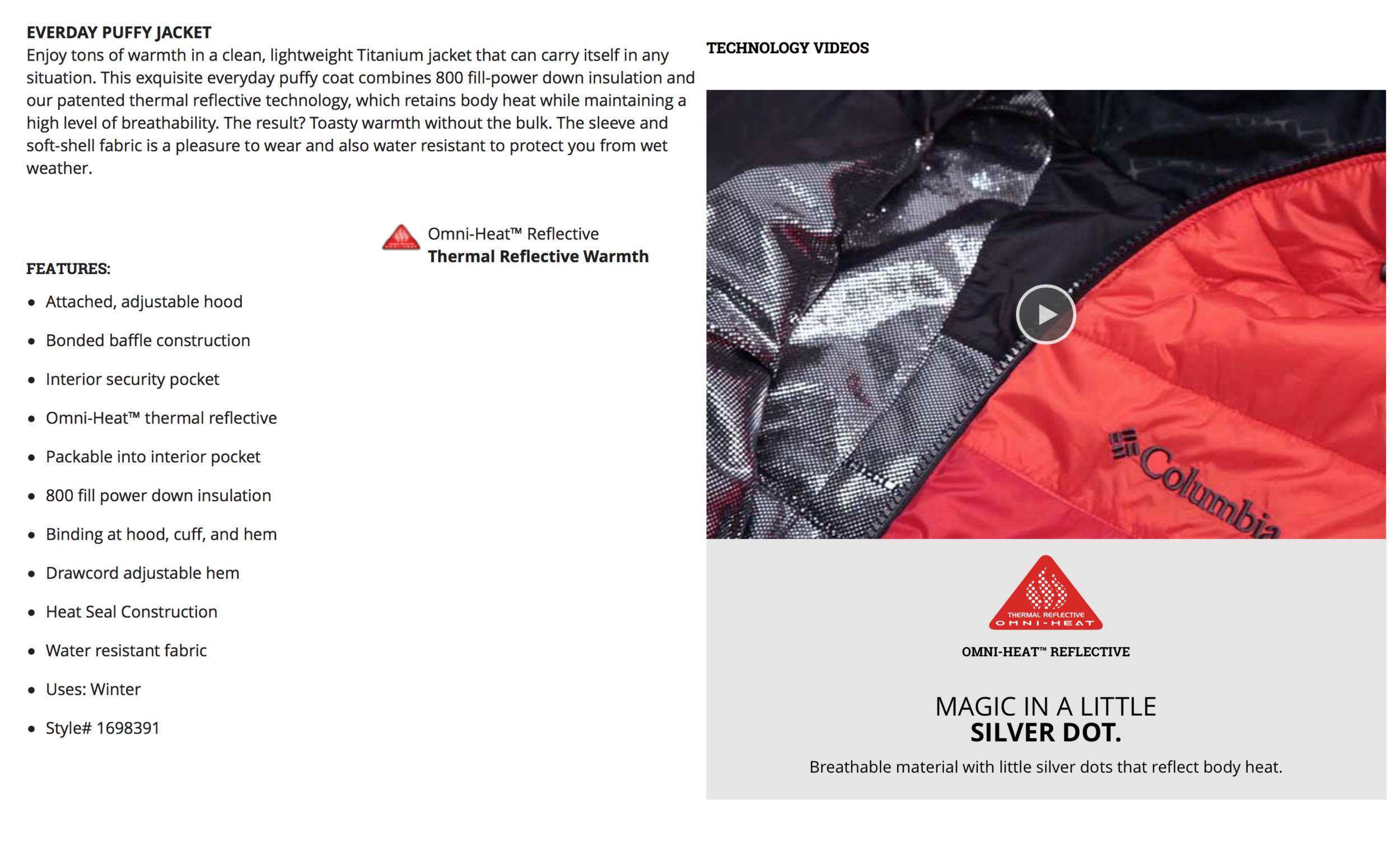 Headline and product copy for Columbia Sportswear.