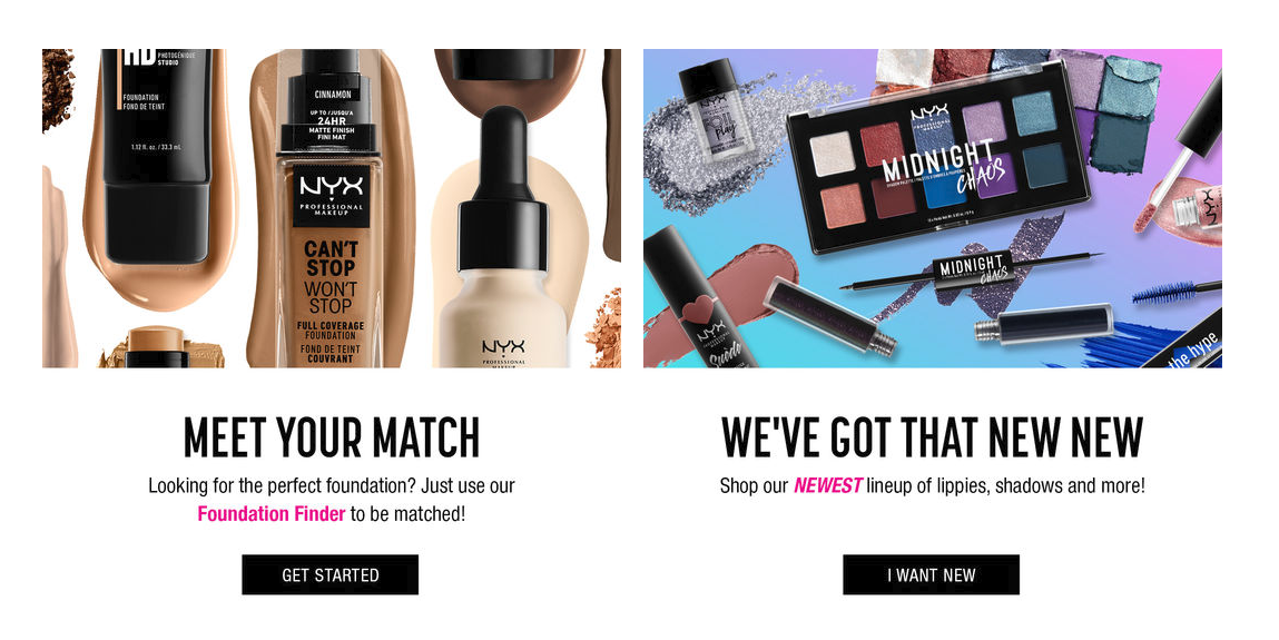  Headlines, copy, and CTAs for NYX Professional Makeup subheros. 