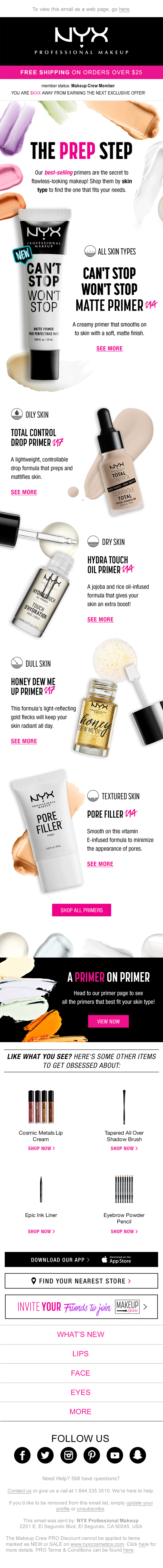 Headline, copy, and CTAs for NYX Professional Makeup email