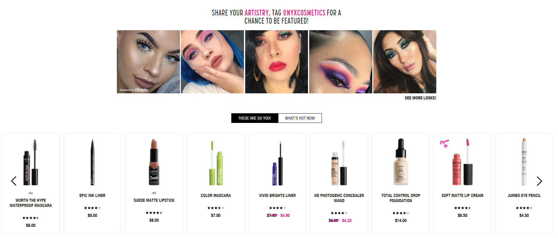  LOOKS and suggested products copy for NYX Professional Makeup homepage redesign. 
