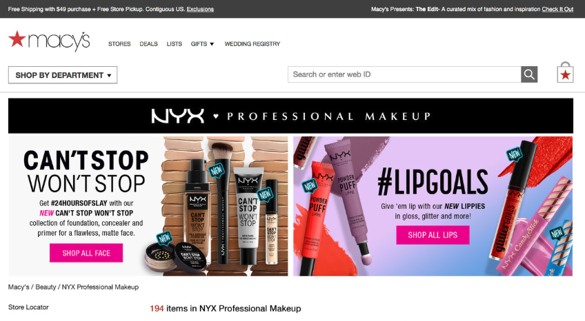  Headline, body copy, and CTAs for NYX Professional Makeup banners on Macy.com 