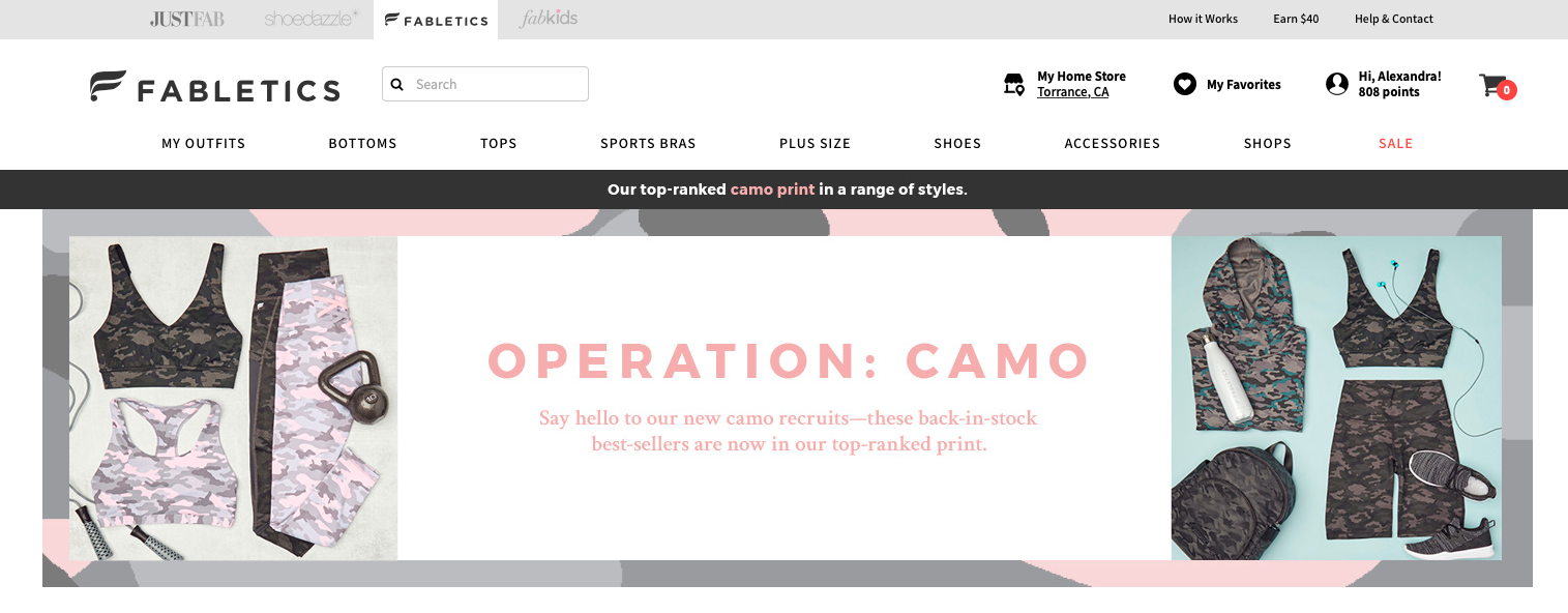 Copy for camo shop on Fabletics.com