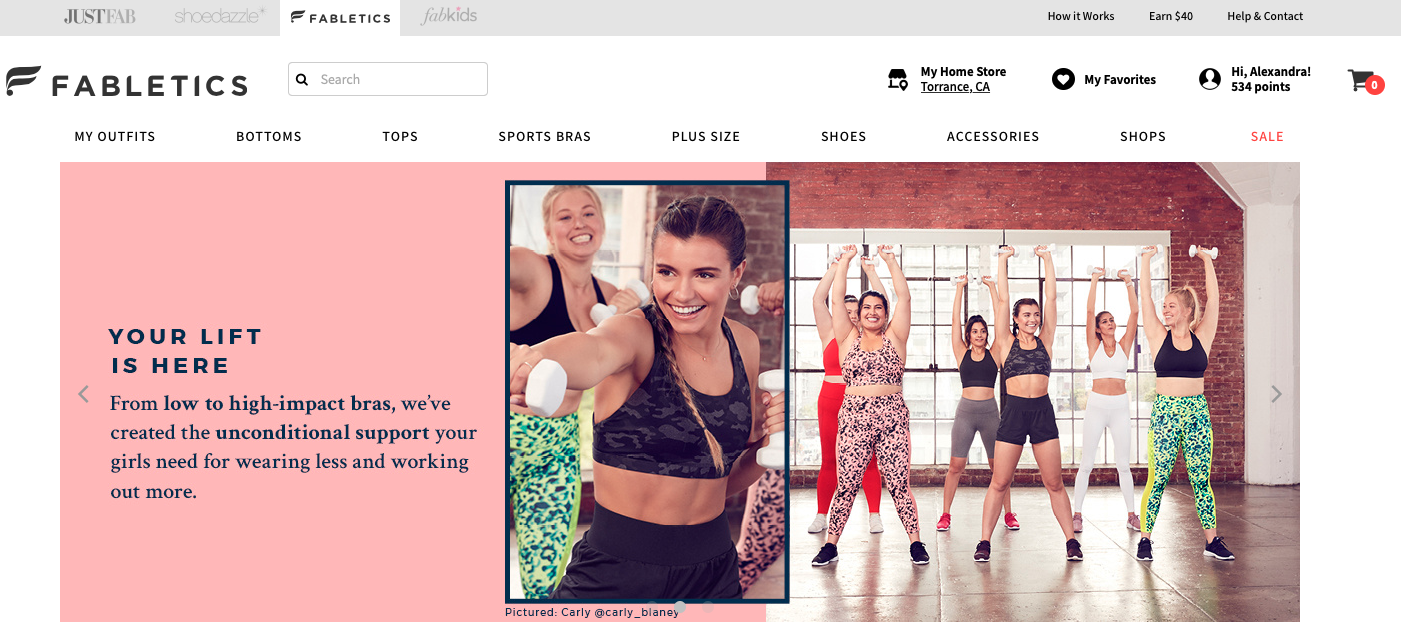 Copy for bra page on Fabletics.com