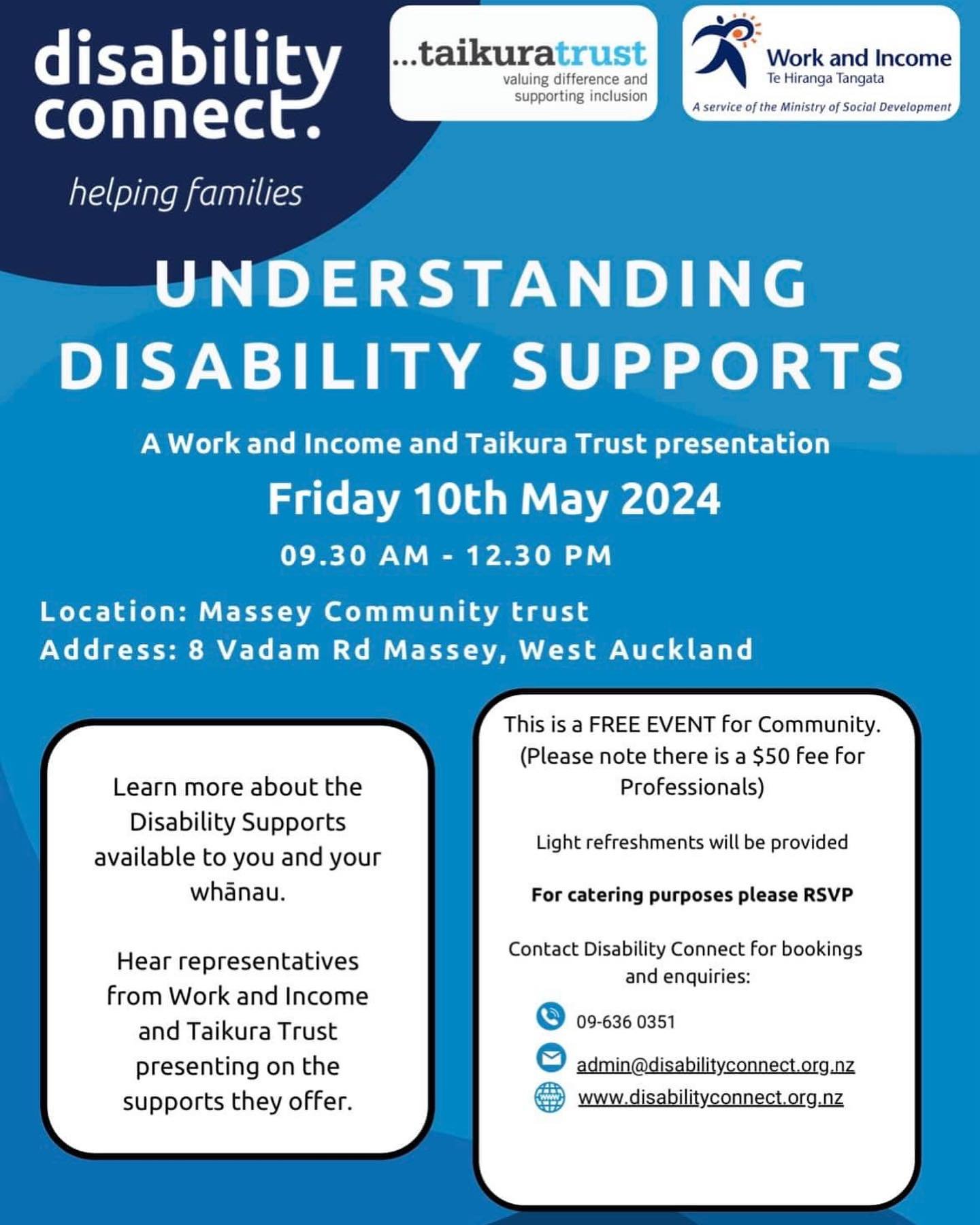 Make sure you RSVP by emailing admin@disabilityconnect.org.nz 

This is a great opportunity to learn more about the disability supports available to you, your whānau or someone you support. 

See you Friday! :) 

@Disability Connect @Taikura Trust