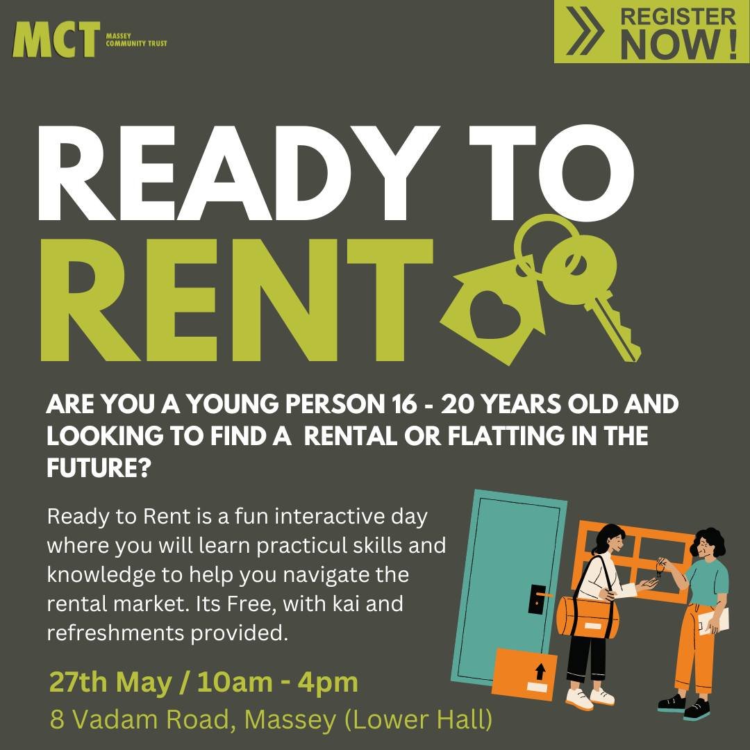 If you are 16 - 20 yrs old and want to develop the skills to go renting or flatting in the future, then sign up for our Free Ready to Rent workshop! 

Ready to Rent is a fun interactive day, where you will learn: 
▪️Your rights and responsibilities a
