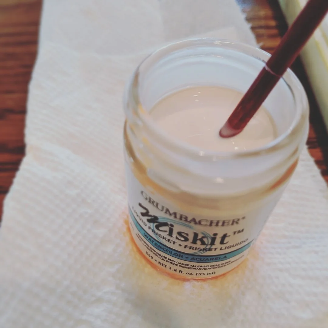 Frisket day 🧡! .
.
I love the process of using frisket to mask water color paper. Practice and use carefully! .
.
Tips: 
1. Stir don't shake (shaking creates bubbles) 
2. Add soap to your brush
3. Plan, plan, plan before you start.
.
.
#paintingtips