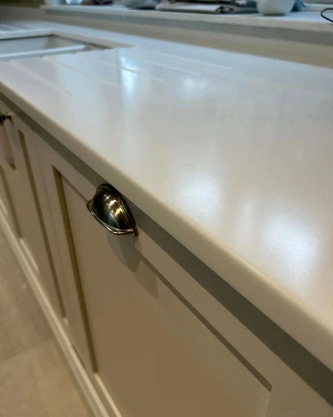 Close up of Tristone&rsquo;s Milky Sands installed a few months ago by Total Tops.

Tristone is seamless, non-porous, resistant to heat, moisture, and bacteria. Tristone can be thermoformed and joined seamlessly.