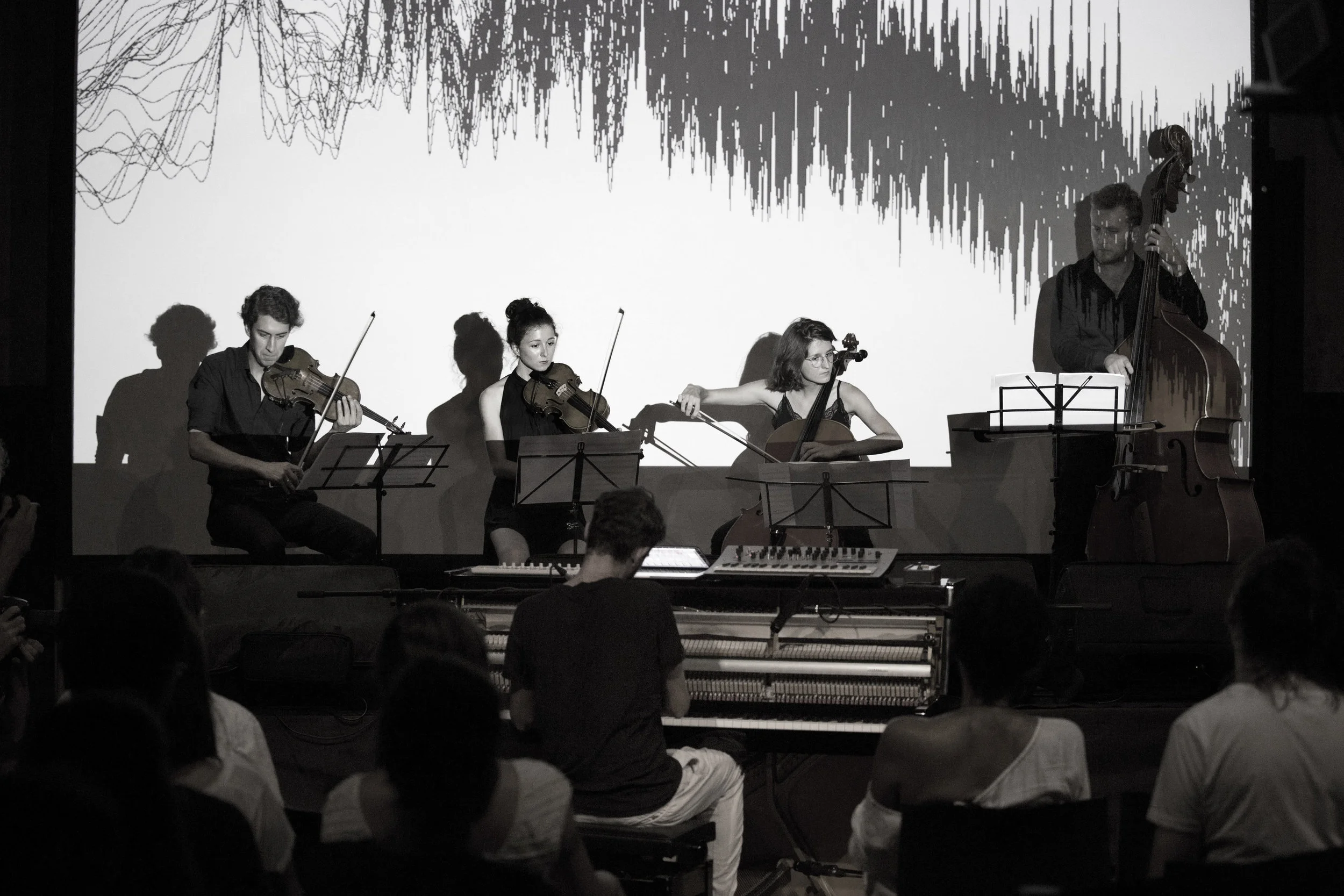 Bowrain with Vita Kobal (violin), Matija Krečič (violin), Ema Kobal (cello) in Miha First (contrabass) at Švicarija, MGLC Ljubljana 2019 - photo by Borut Krajnc