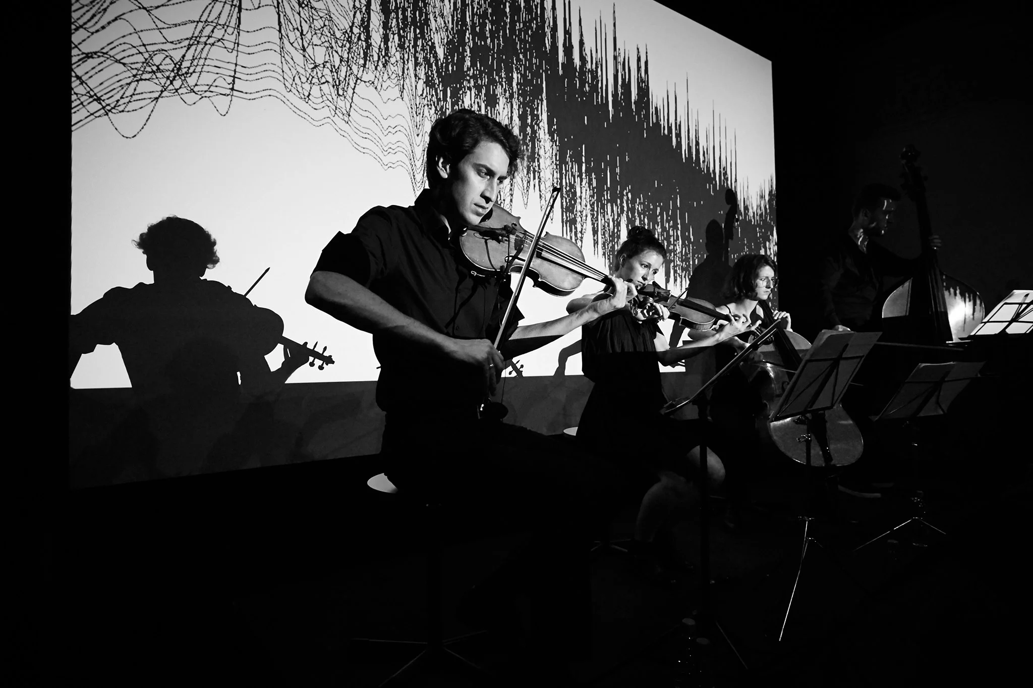 Bowrain with Vita Kobal (violin), Matija Krečič (violin), Ema Kobal (cello) in Miha First (contrabass) at Švicarija, MGLC Ljubljana 2019 - photo by Primož Zrnec