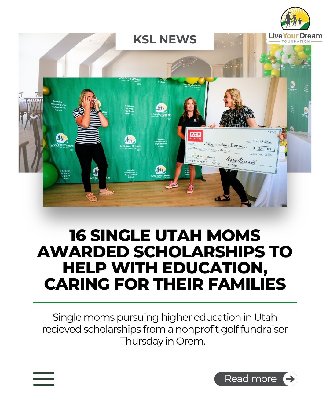 We&rsquo;re honored that KSL joined us at our annual Live Your Dream Foundation Golf Tournament to learn more about our mission and help spread the word. 💛 Their coverage means so much as we continue empowering single mothers through education.

We&