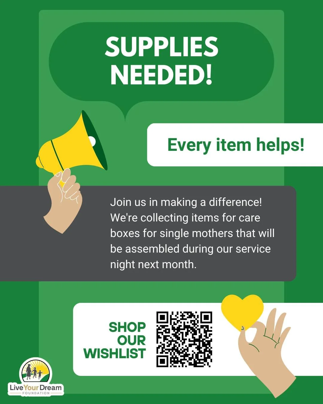 We&rsquo;re getting ready for the Kristin Andrus Family Giving Night of Service, where we&rsquo;ll be assembling care boxes for single mothers in our community&mdash;and we need your help! 💛

We&rsquo;re collecting supplies to fill these boxes with 