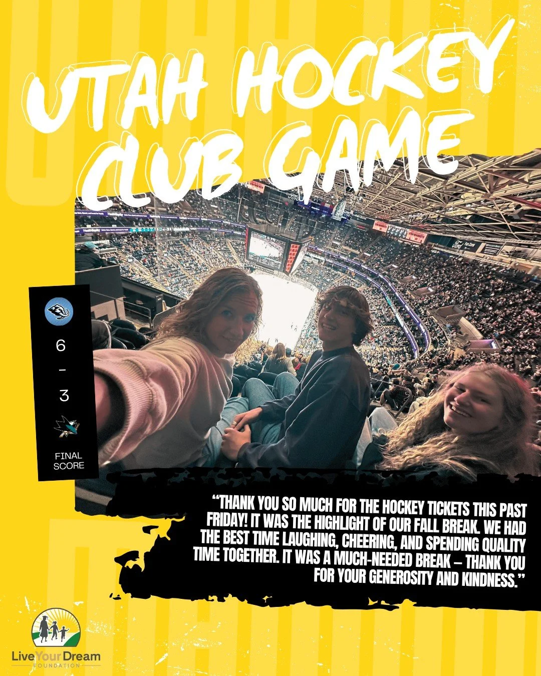 A huge thank you to @bestseatslc for treating our Live Your Dream families to the Utah Mammoth hockey game at the Delta Center! 🏒 It was such a fun night filled with laughter, connection, and memories our families will never forget. We’re so g