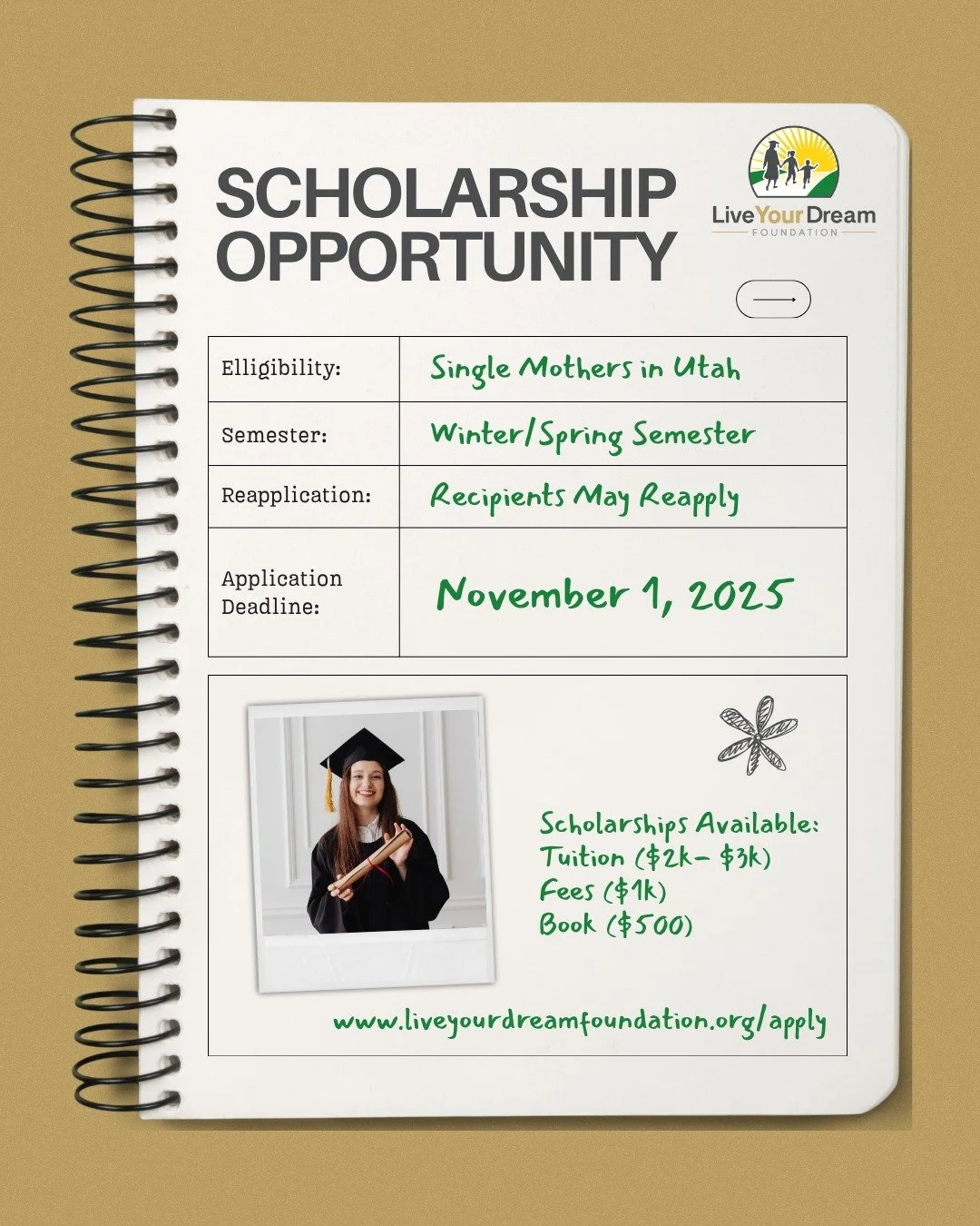 🚨 Scholarship Deadline Coming Up! 🚨 
Single mothers in Utah — don’t miss your chance to apply for our Winter/Spring 2025 scholarships! Applications are due November 1, 2025. Tuition, fees, and book scholarships are available to help yo