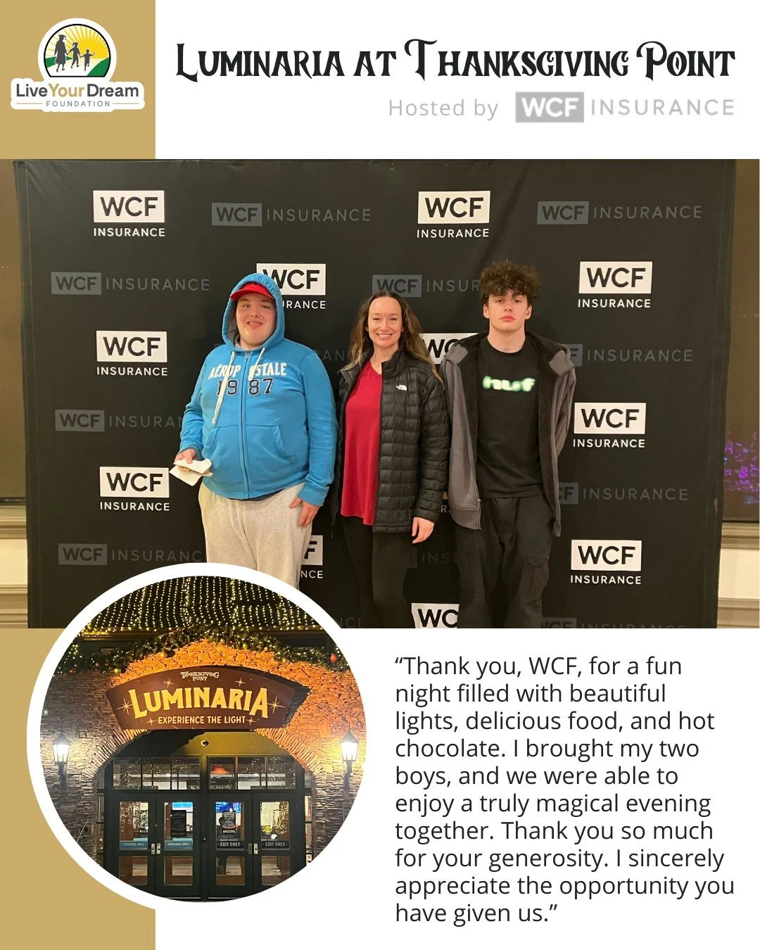 ✨ Thank You, @wcfinsurance! ✨ 

Our Live Your Dream single-mother families had such a great night at Luminaria at Thanksgiving Point. The lights were beautiful, the kids loved the unlimited hot chocolate, and it was such a fun way to kick off the hol