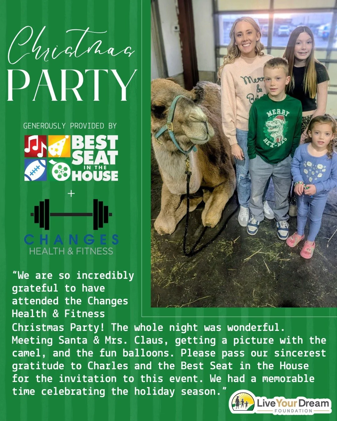 We are so grateful to Charles, @changes_healthandfitness, and @bestseatslc for hosting such a beautiful Christmas event this weekend. From Santa and Mrs. Claus to the music, superheroes, princesses, and even a nativity with a camel, it was clear how 